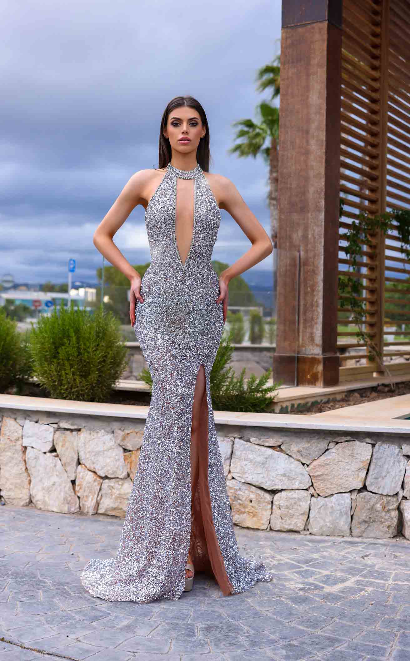 Chic and Holland HF110390 - Illusion V-Cutout Backless Evening Dress