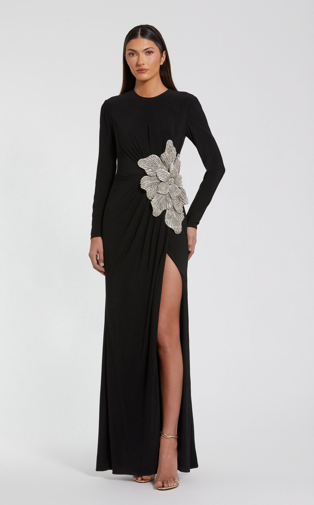 Mac Duggal - Black Jersey Gown With Embellished Flower - Black / US 12 Mac Duggal - Black Jersey Gown With Embellished Flower - Black / US 12