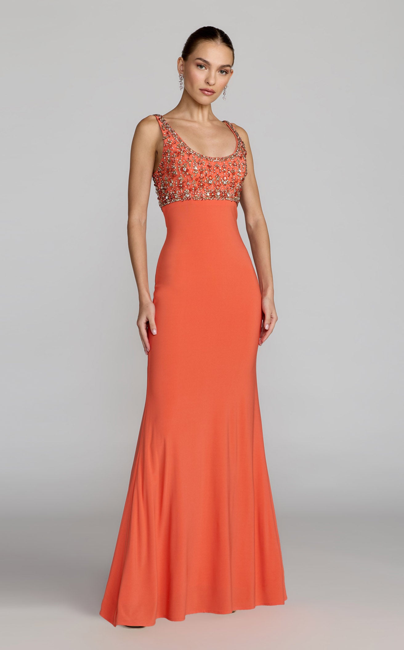 Orange Sleeveless Scoop Neck Embellished Jersey Gown
