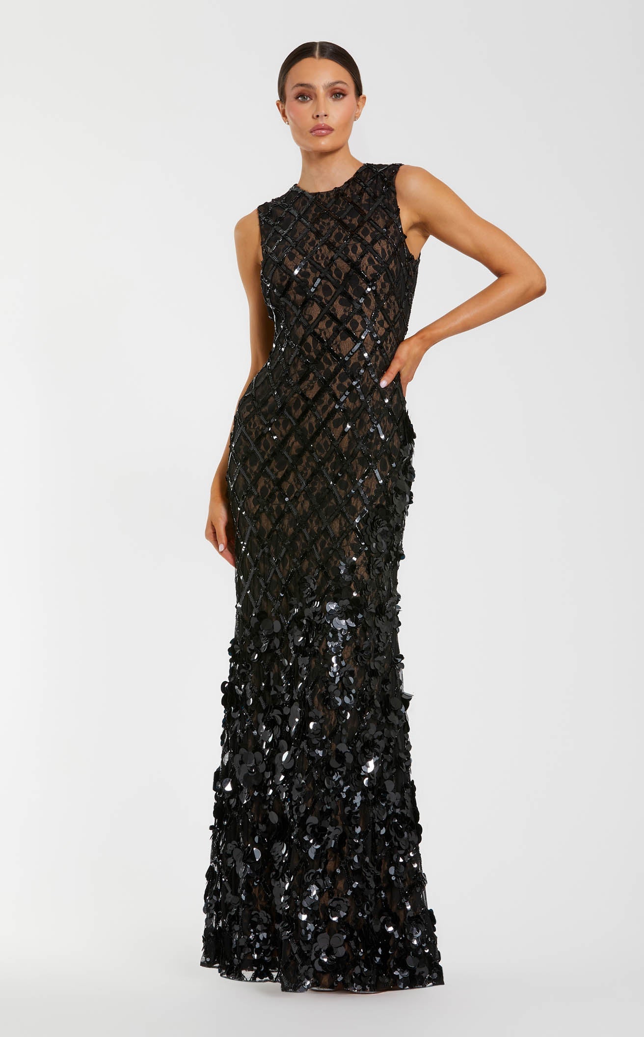 mac duggal black sequin dress Mac Duggal Sleeveless Beaded Sequin Mesh Mermaid Gown, Womens, 6, Black Nude