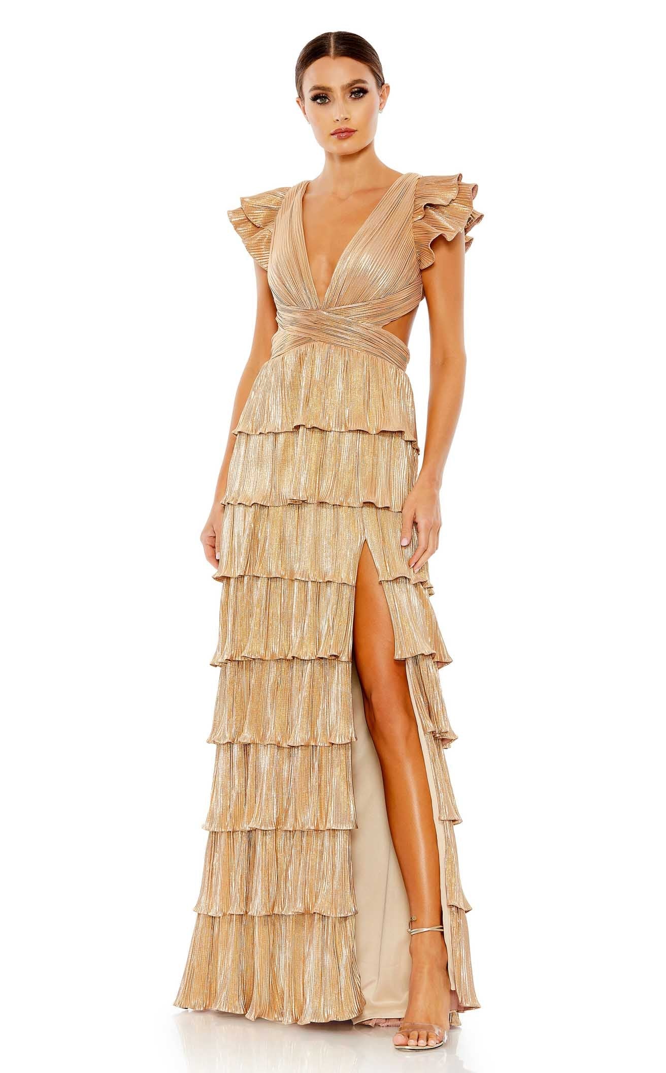 Ieena for Mac Duggal - Gold Ruffle Tiered Criss Cross Lace Up Gown - US 12 Ieena for Mac Duggal - Gold Ruffle Tiered Criss Cross Lace Up Gown - US 12