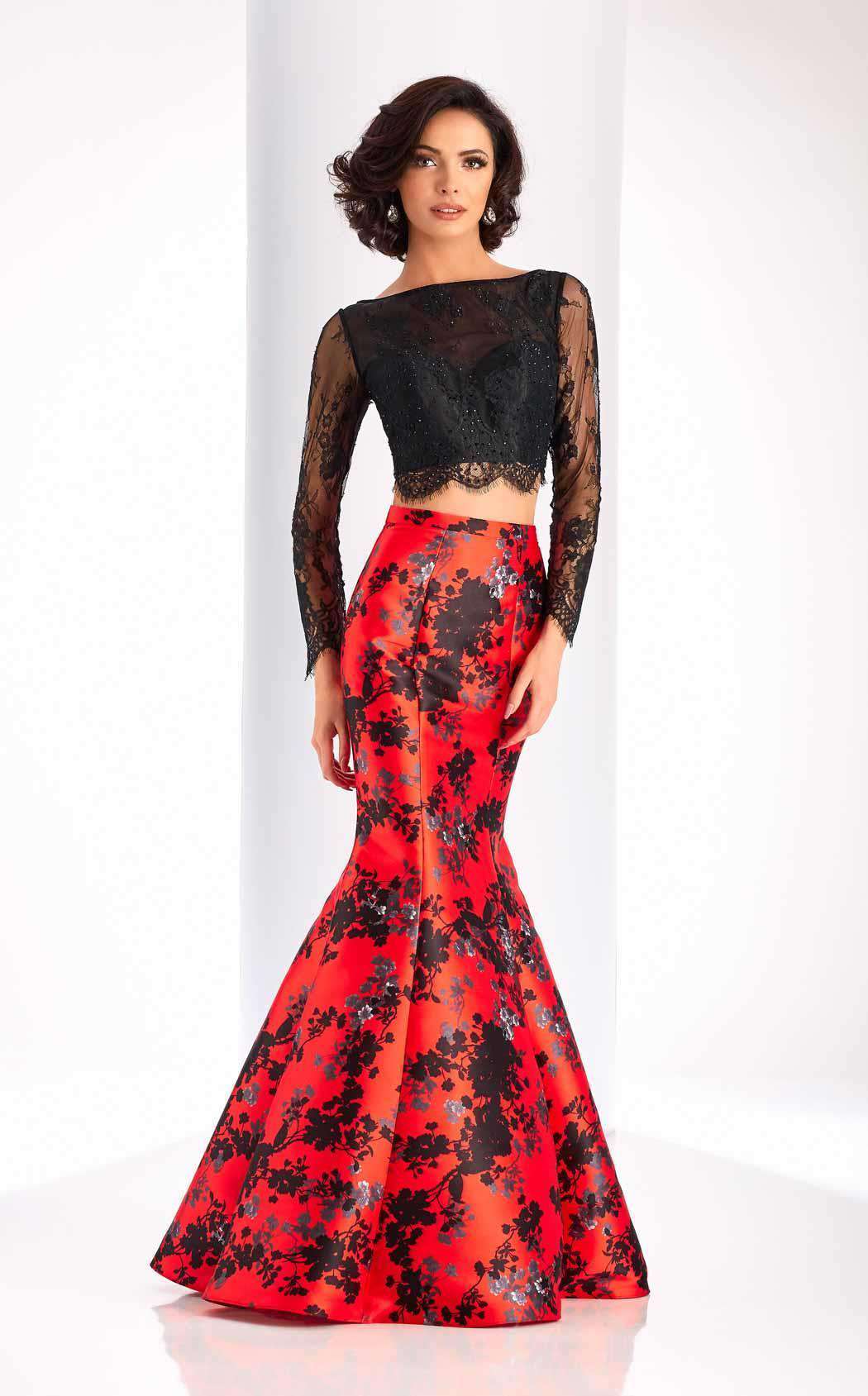 crop top long sleeve prom dresses Clarisse 4808 Prom Dress - Red/Black