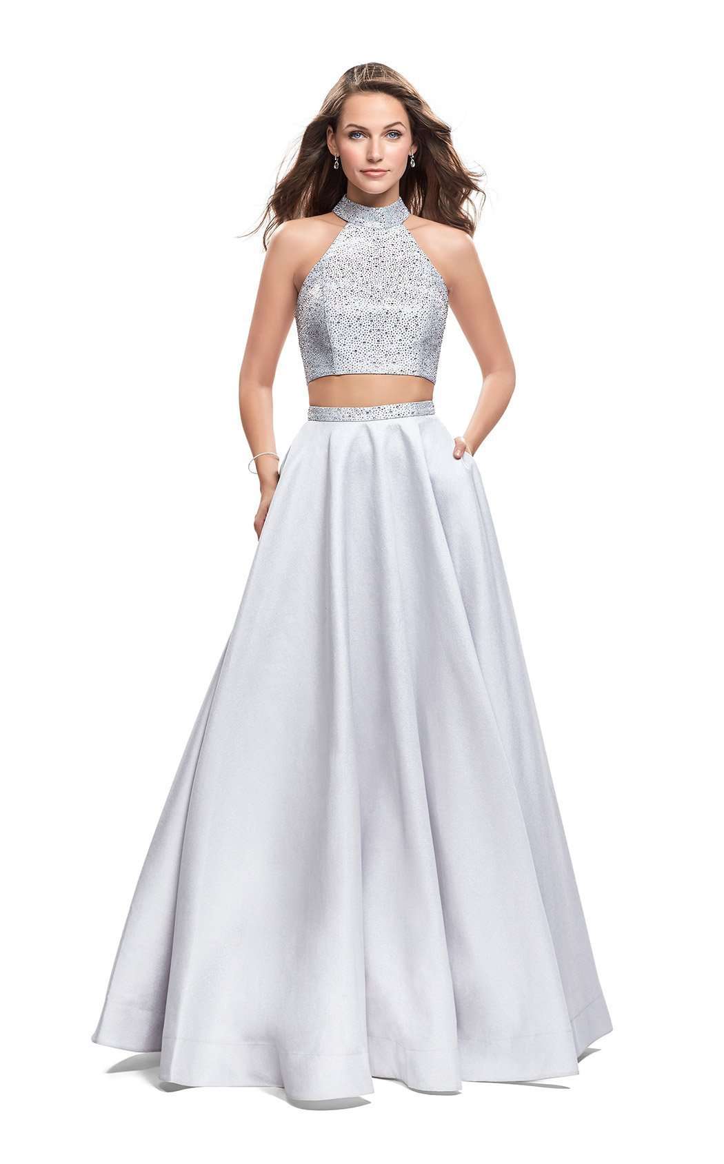 silver two piece dress MACloth Two Piece Short Silver Mini Prom Homecoming Dress Wedding Party Dress Silver / Tea Length / US2