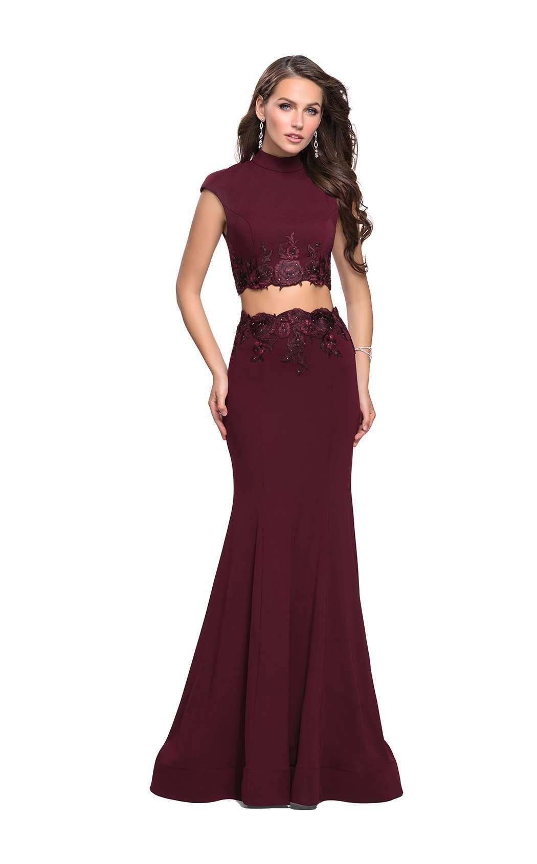 burgundy two piece formal dress Burgundy Prom Dresses,Two Piece Prom Dress,Ruffled Tulle Prom Dress,PD00358, US16W / Grey main image 0