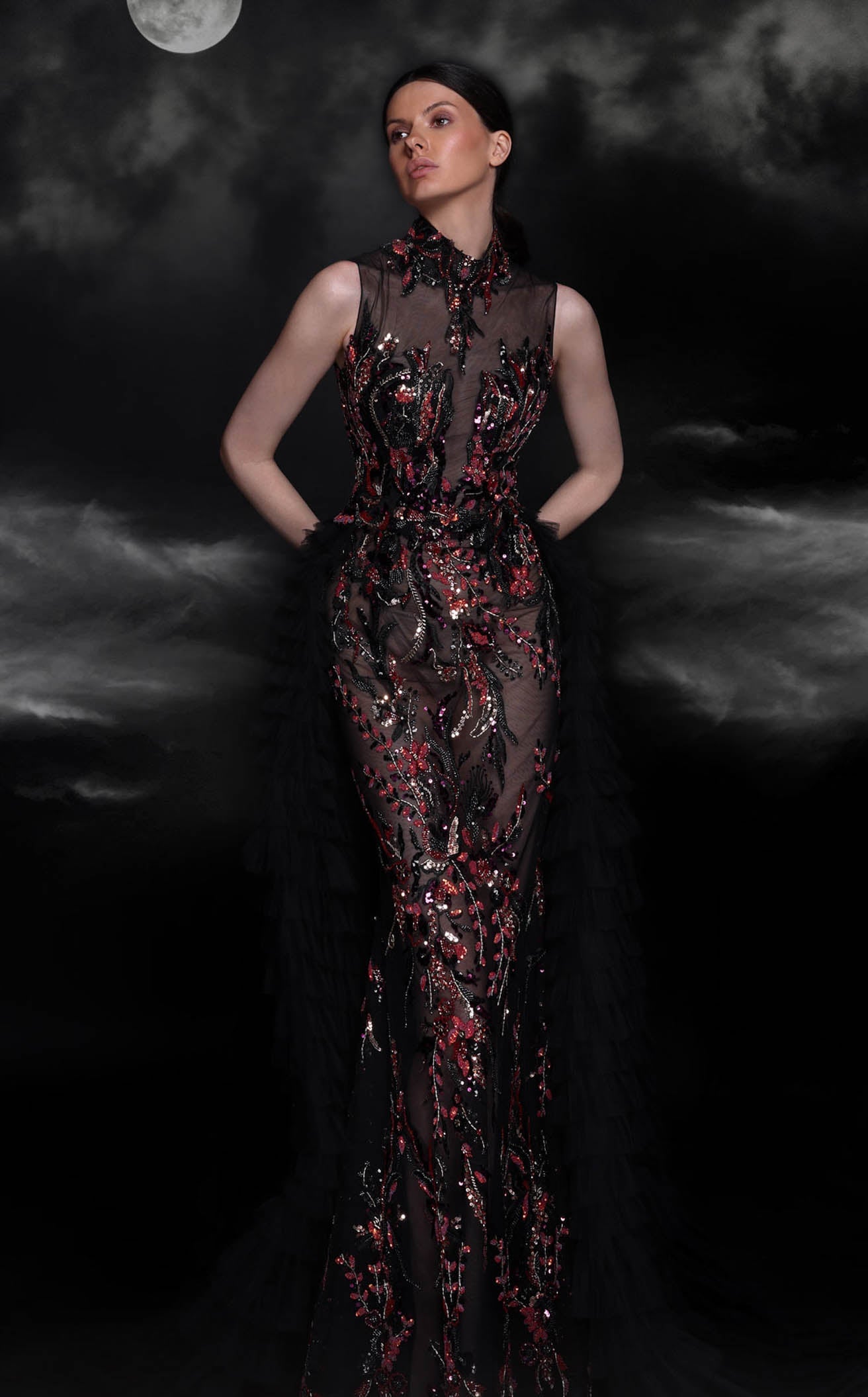 slim fit dress slacks Gothic Black and Gold Sequin Evening Gown with Draped Train - Black Tight Gitted Prom Dress main image 1