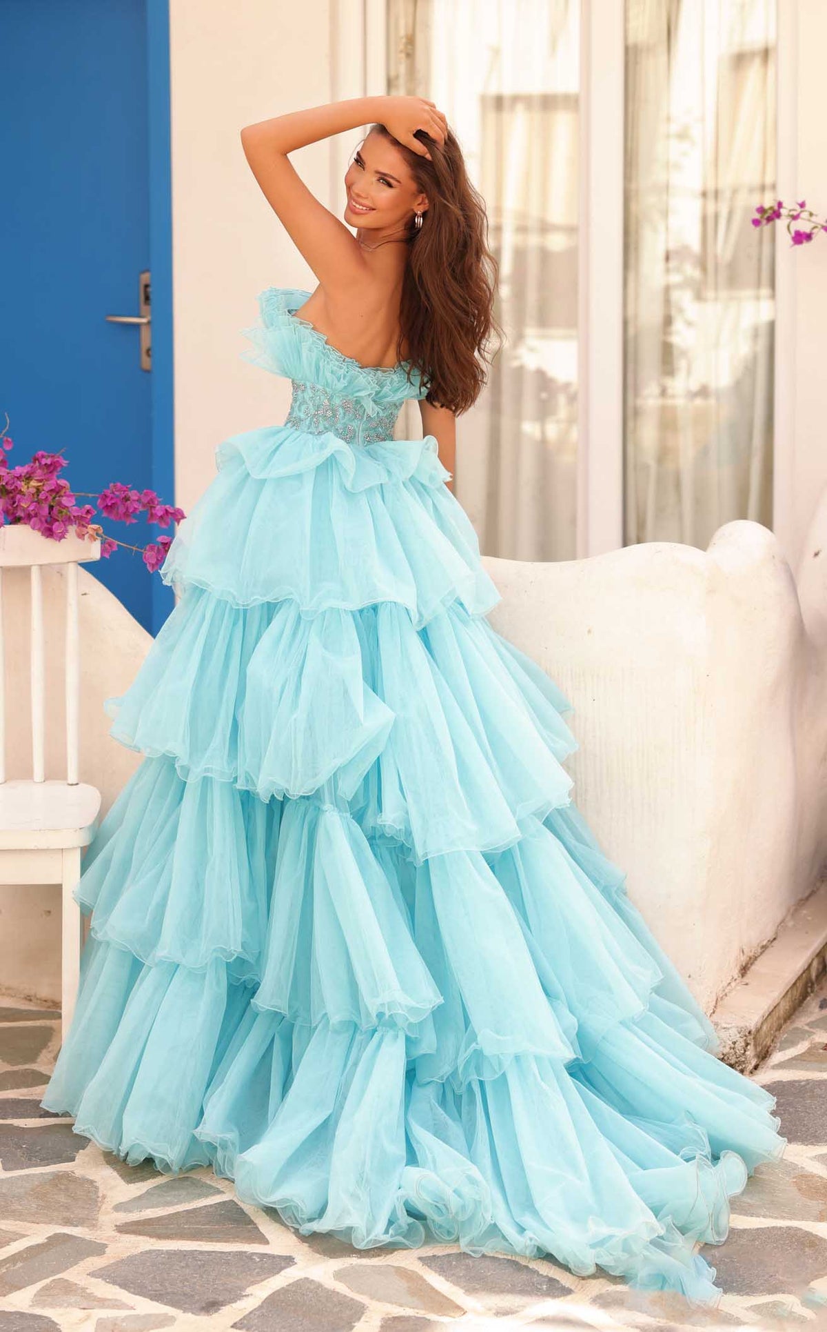 amarra light blue dress 88083 Colour:White Polka Dot scoop neckline long dresses/jumpsuits Royal Blue Satin Off