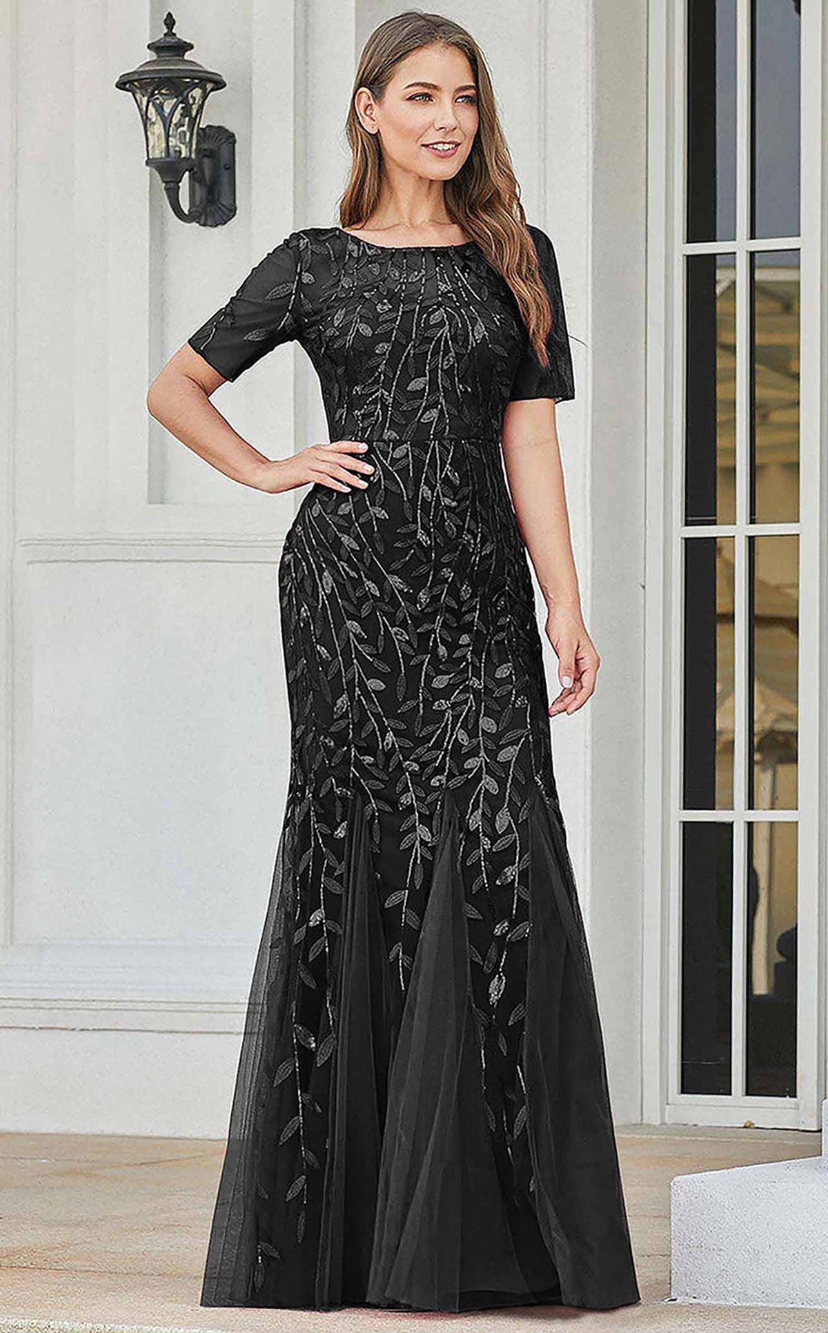amelia couture black dress Long Black Formal Dress with Three-Quarter Sleeves Black / 8