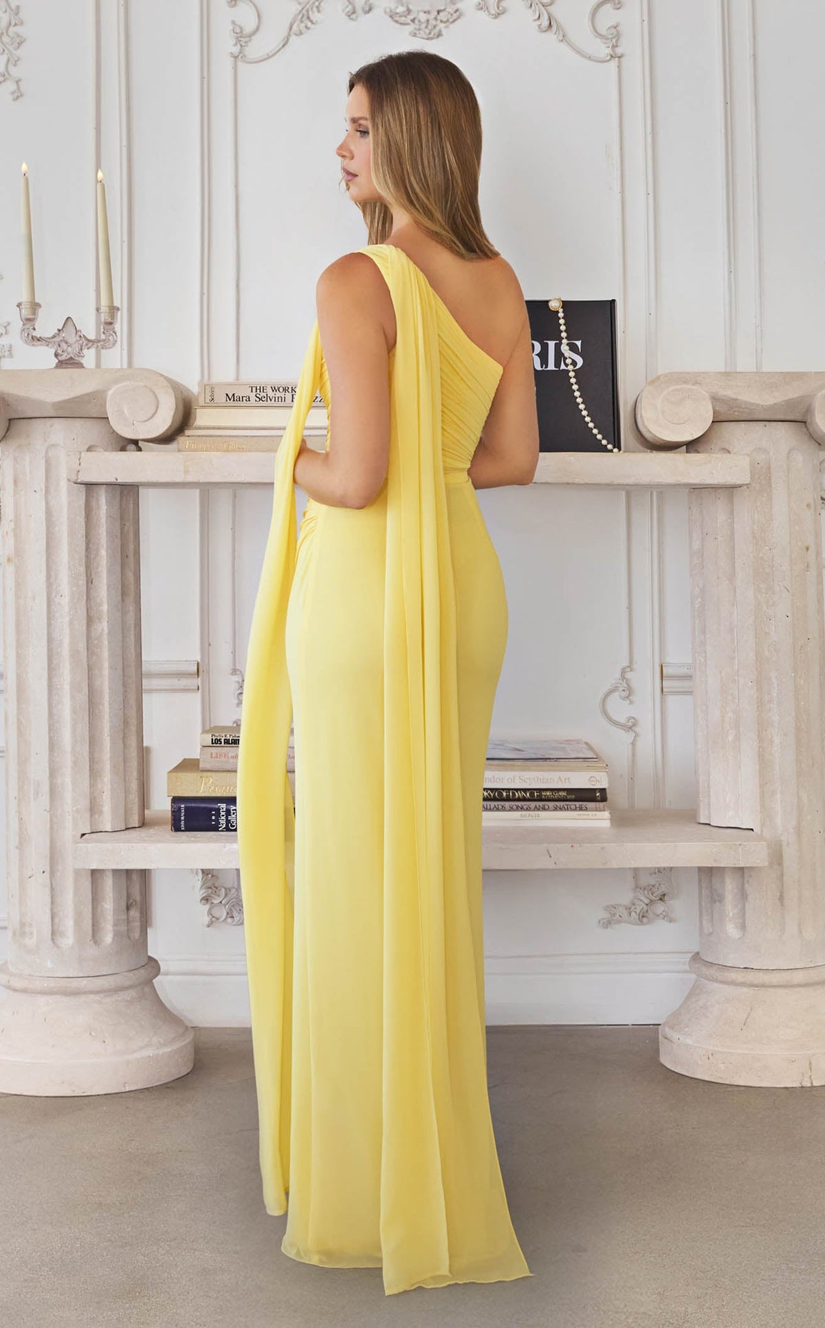 Amoris T730 Elegant Chiffon Draped Fitted Formal Gown with Versatile Scarf Detail Soft Coral / Xs
