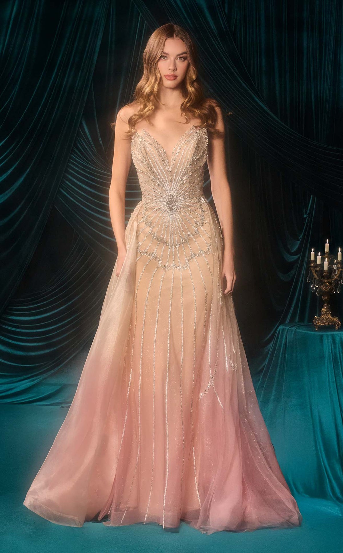 champagne blush dress Andrea and Leo A1508 A-Line Tulle Blue 14 size:18 hypoallergenic making it an elegant Vittoria Ceretti wears custom