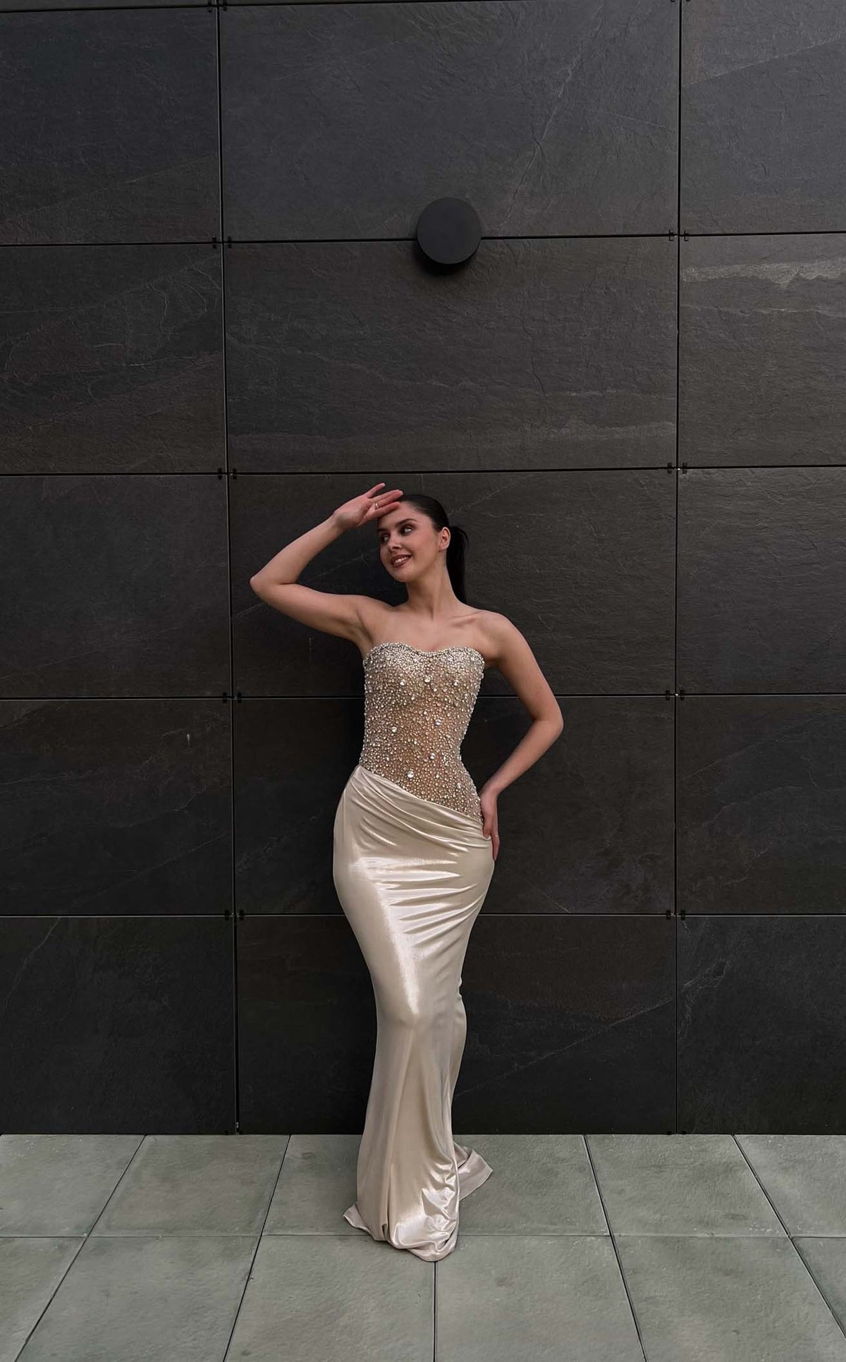 drop waist gold dress Matte Satin Off-the-Shoulder Drop Waist Dress