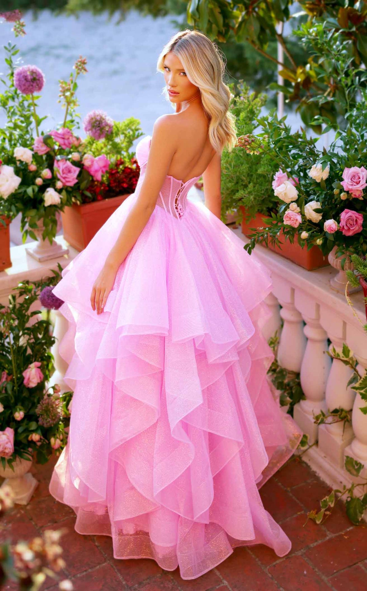 slim fit dress slacks Romantic Pink Spaghetti Straps A-line Tiered Ruffles Prom Dress,Glitte –  Simplepromdress main image 0