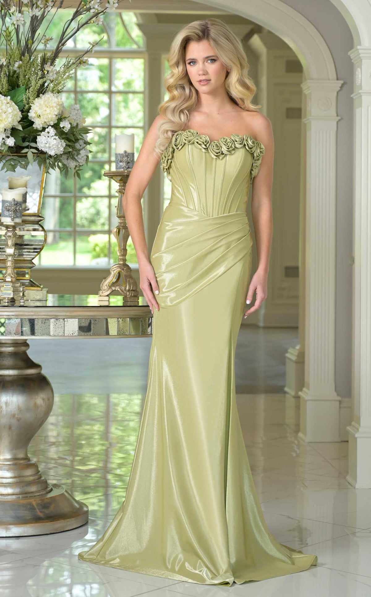 green emerald velvet dress Yellow Green One Shoulder Mermaid Prom Dress Long Split with Beads main image 1
