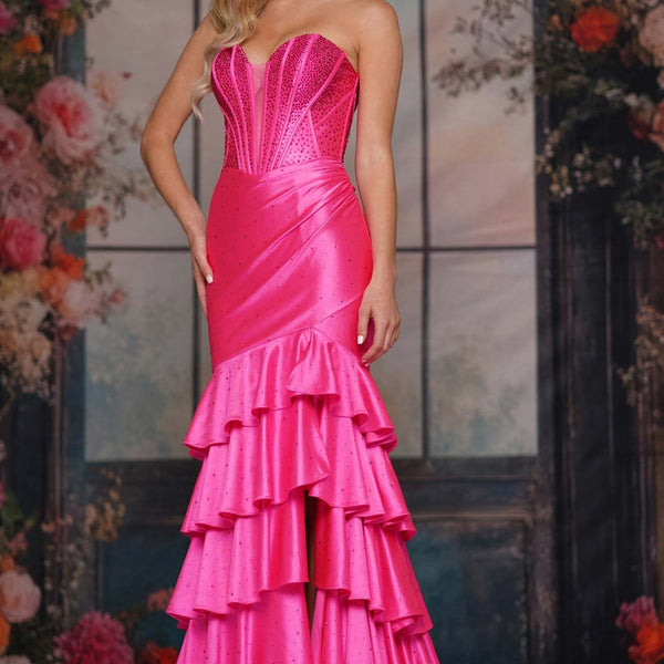 strapless open back dress Fuchsia Pink Bright Long Prom Dress