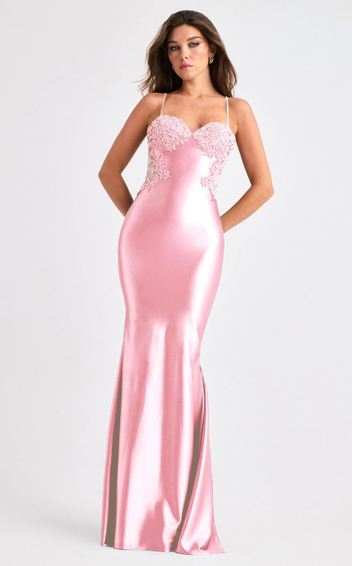 faviana light pink prom dress Light Pink Satin Long Dress With Beaded Lace Appliqu