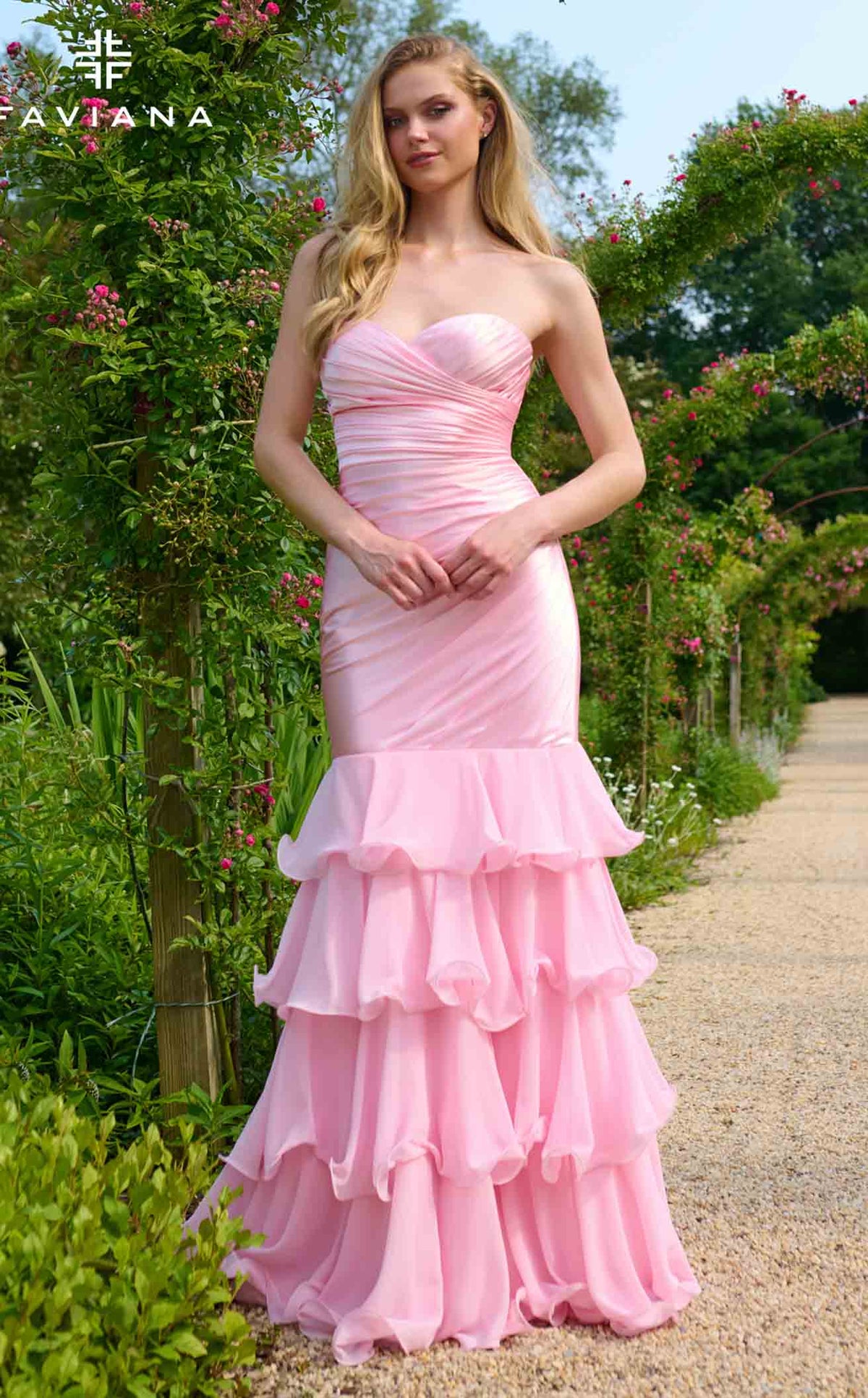 pink faviana prom dress Pink Scoop Neck Gown With Sequin Applique And Lace-Up Back