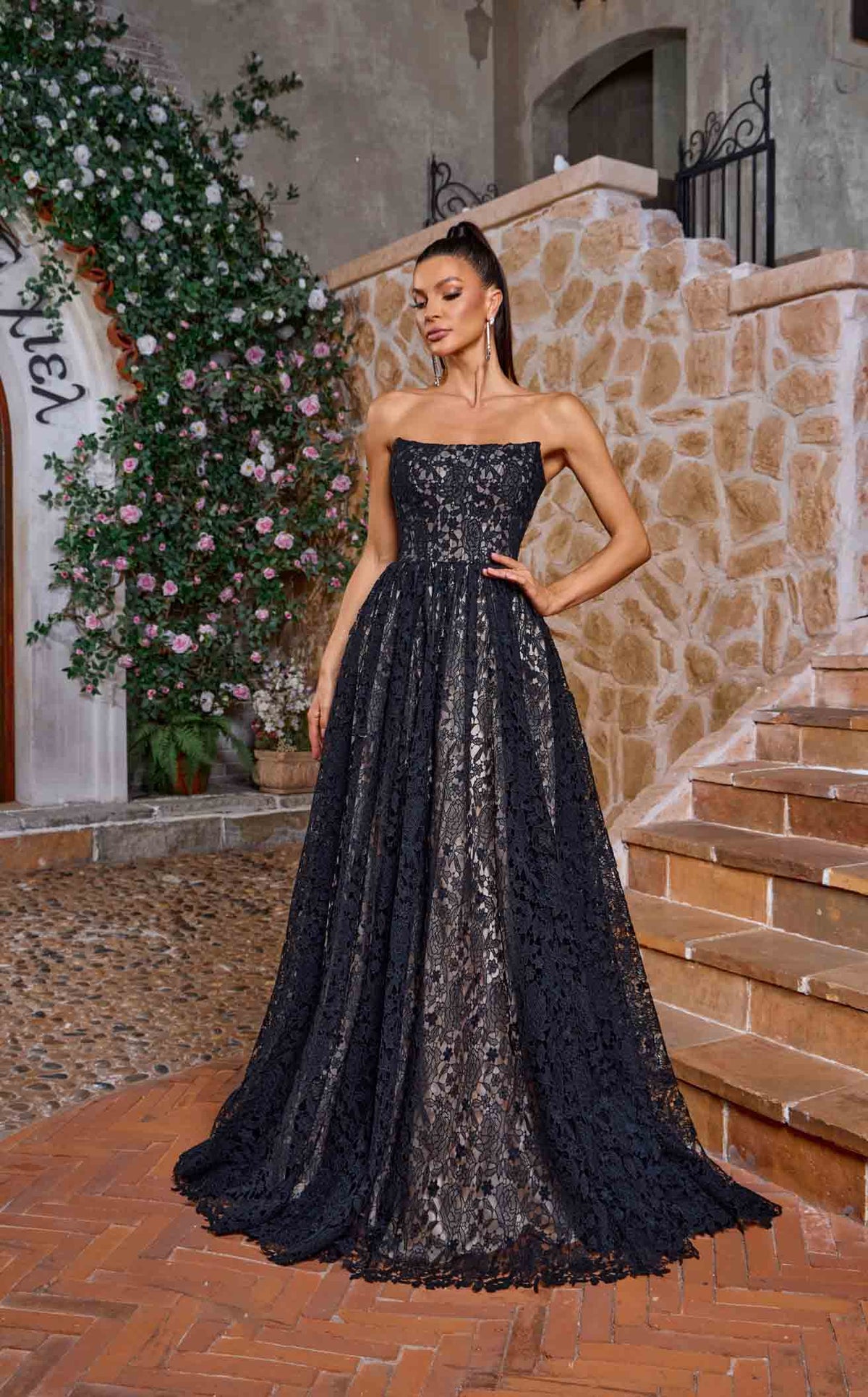 jadore lace dress J'Adore Dresses J26030 - Long Lace Mermaid Dress - Floral Lace Overlay, Thin Straps, Open Back with Crisscross Tie, Sweep Train 4 / Black/Nude