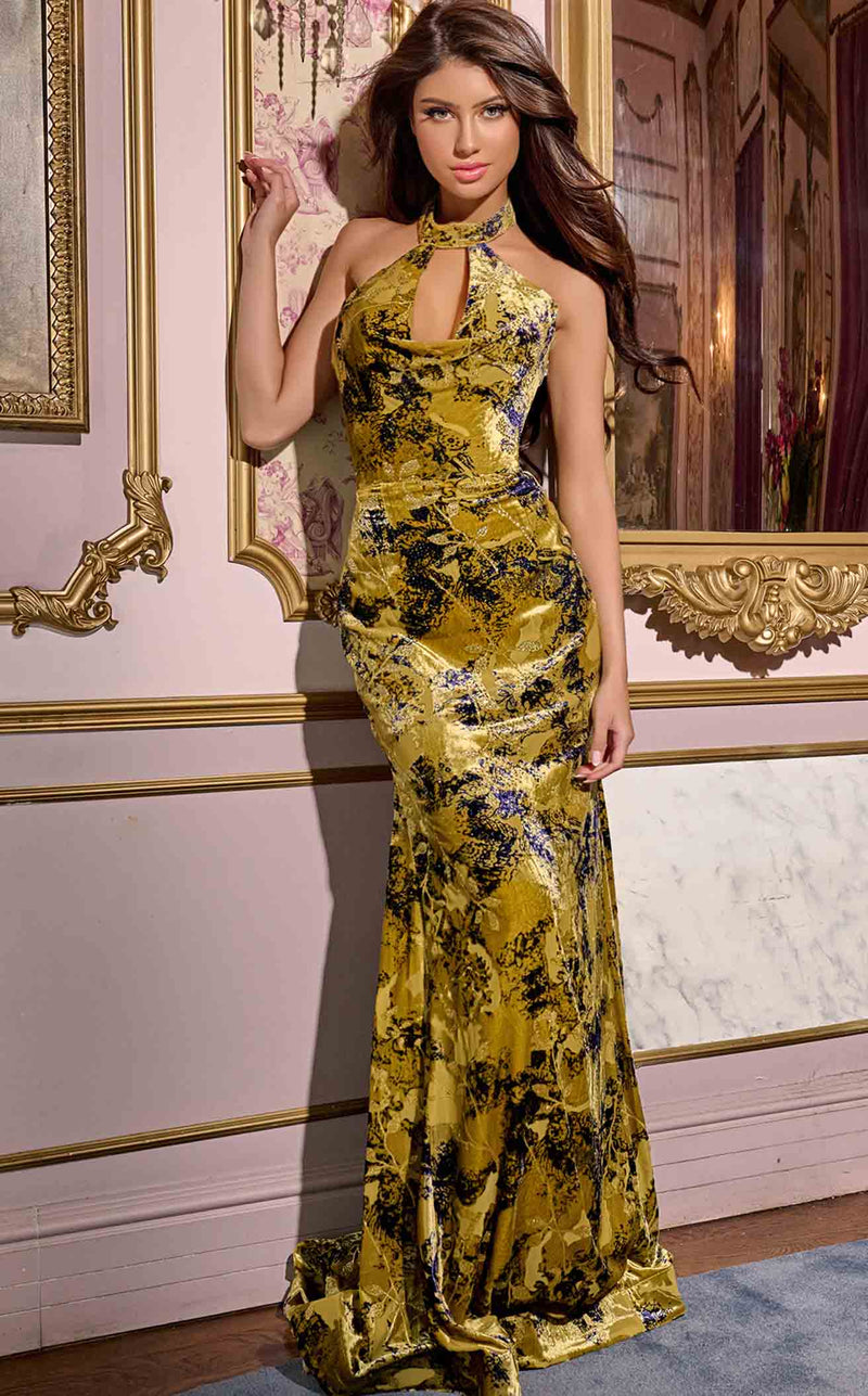 jovani yellow silk dress Jovani S22826 Satin Yellow Halter Couture Dress