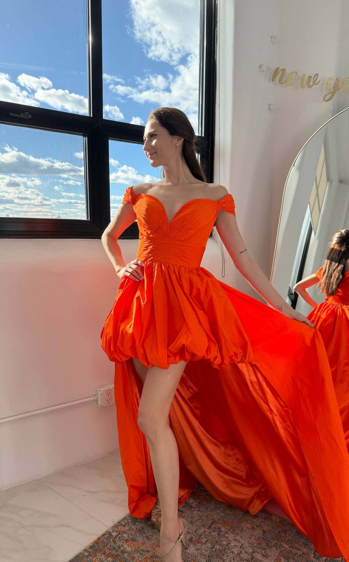 white christmas dresses Orange Sleeveless Mermaid Prom Dress with Side Slit and Tulle Beadings main image 1