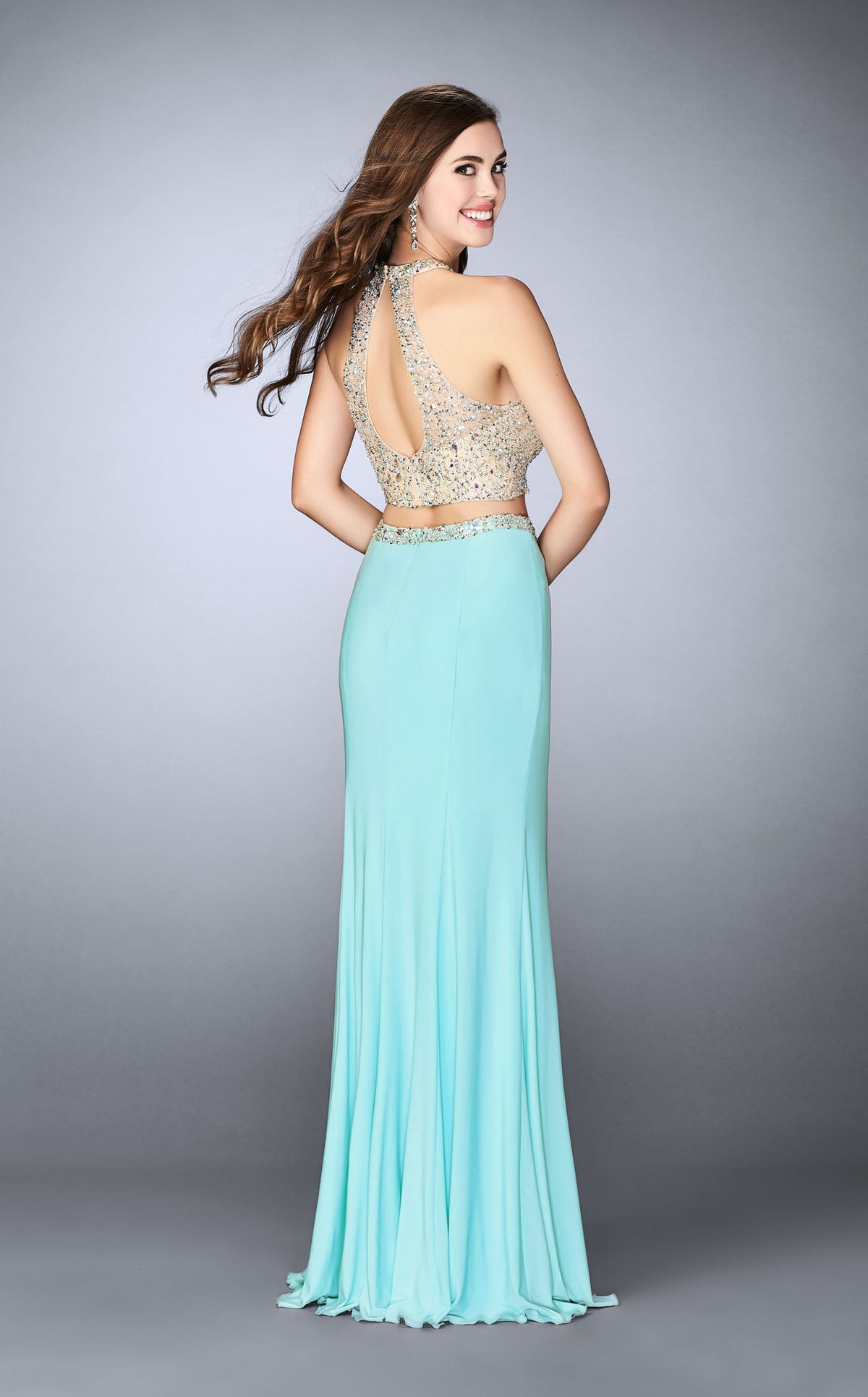 green emerald velvet dress Two Piece High Neck Sleeveless Prom Dress Evening Dress PG371 US0 / Gray main image 0