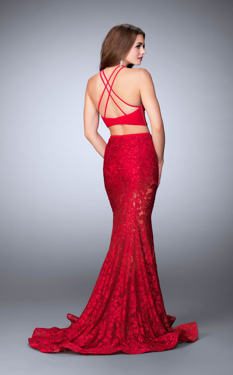 la femme red lace dress La Femme - 23923 Floral Lace Overlay with Lace- Up Open Back Prom Dress 6 / Black/Boysenberry