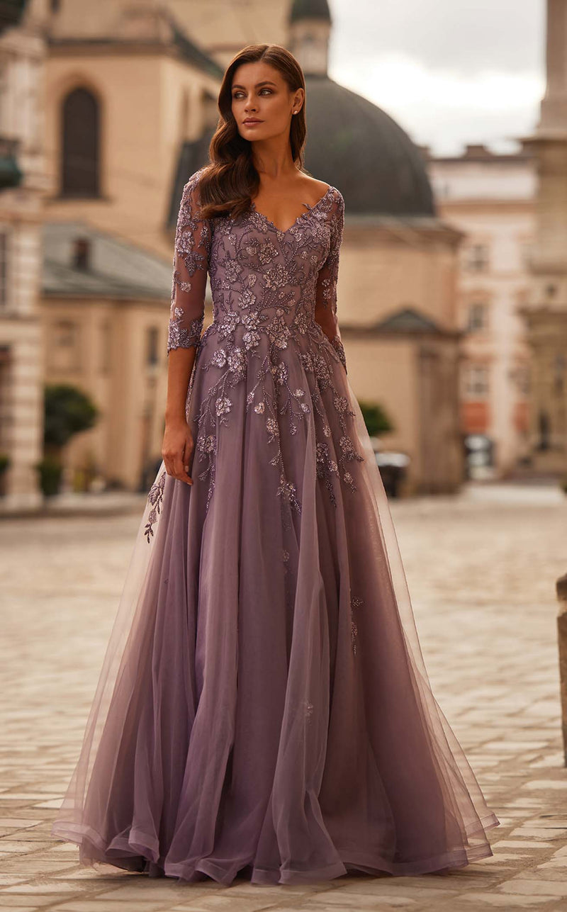 orchid evening dress Vibrant Orchid Gown with Square Neckline and Ruffle Detail 41128