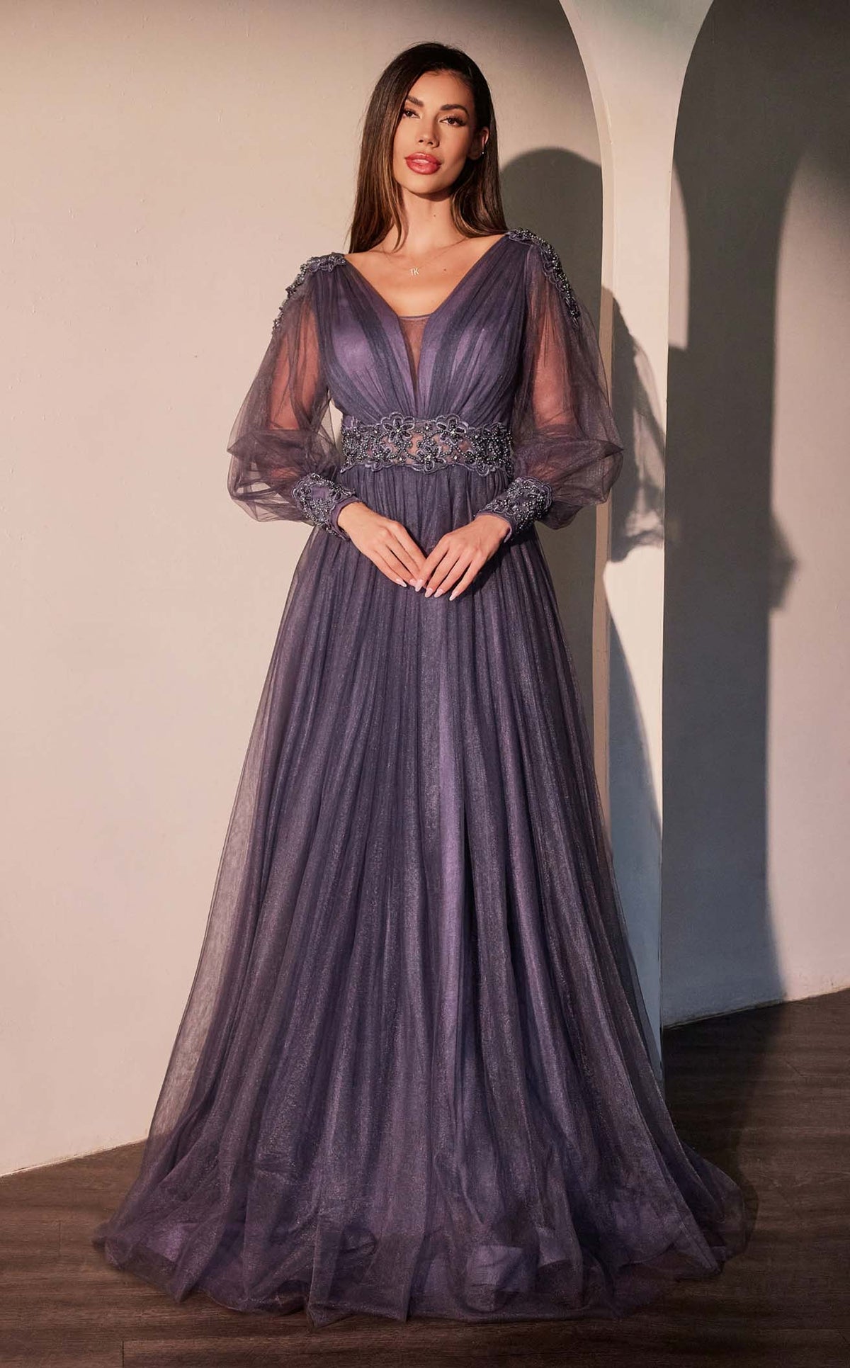 violet evening dress Ladivine CD0938 A-Line Tulle Smoky 18 _collarlink-french-blue-short-polo Circle Park Bridal - polished look suitable for Size:L-XXL/12-18
