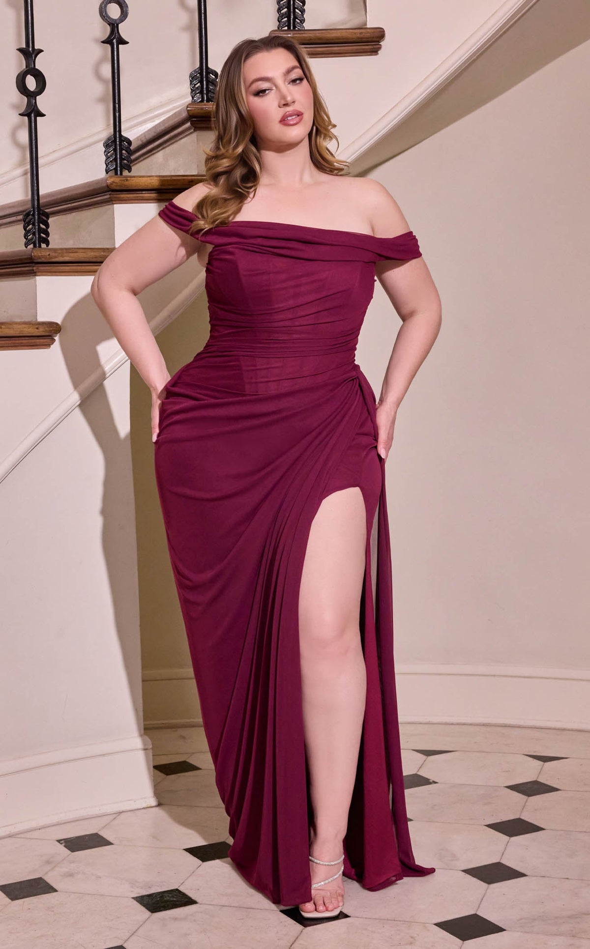 open lace back dress Final Sale Plus Size Gown with Layered Sleeves in Glitter Red Fabric main image 0