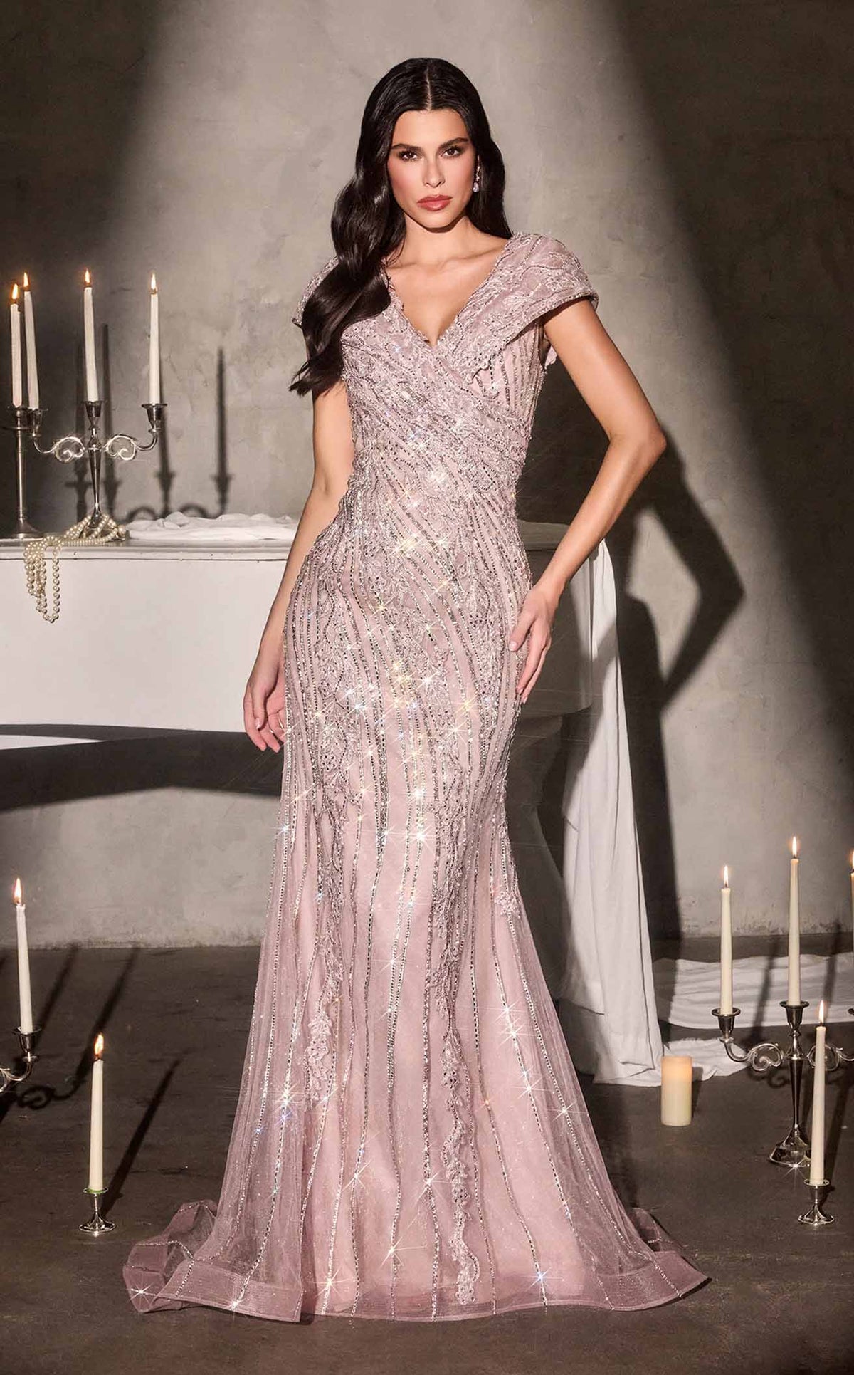 define evening dress Ladivine CD698 Women's - Mauve Black Tie & Formal tagged4.30.26-dl and the fitted bodice Color:Transparent Cloud