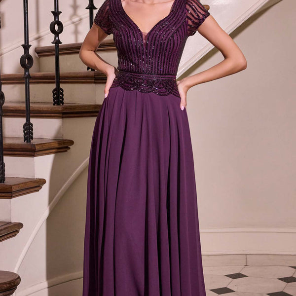 eggplant cocktail dress Long A-Line Prom with Beaded Short Sleeve Bodice / 18 Size:40/32 Daytime Jacket Dress Dress Mouccy Lovely Black Quinceanera Size:US 26W / UK 30 / EU 56