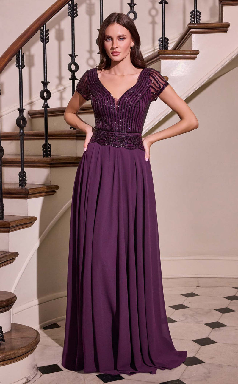 eggplant evening dress Long A-Line Prom with Beaded Short Sleeve Bodice / 18 Dressed To The Nines 772 elastic fabric Color:CORN FLOWER BLUE