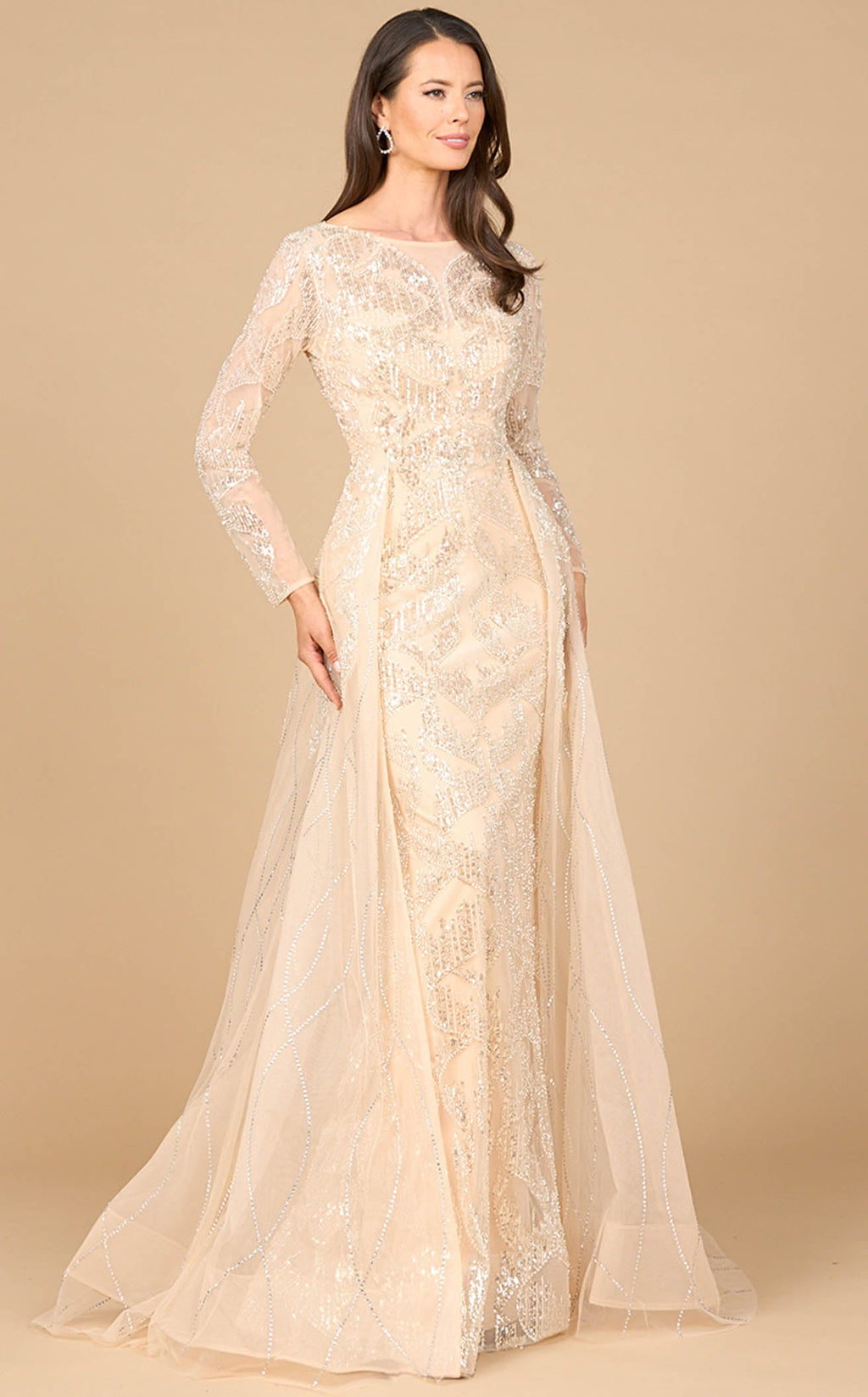 Long Sleeve Gown with Overskirt & High Neck Champagne / 12