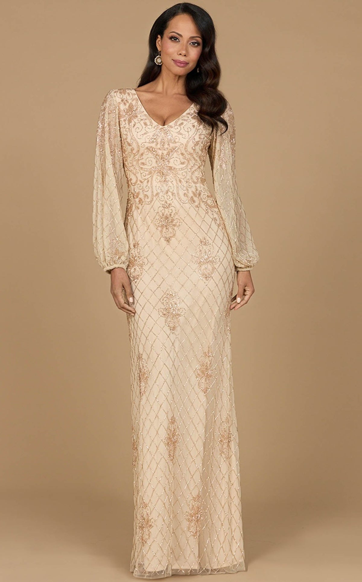 chinese dress ladies Lara 28883- Long Sleeve Gown with Overskirt & Illusion Neckline main image 1