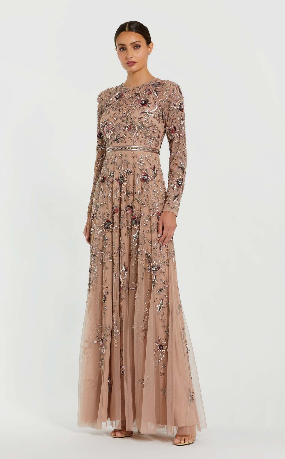 Mac Duggal Women's Long Sleeve Floral Embellished Mesh A Line Gown - Brown - Size 6