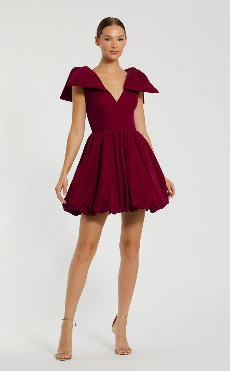mac duggal cocktail dresses on sale Red Shoulder Bow Velvet Bubble Mini Dress