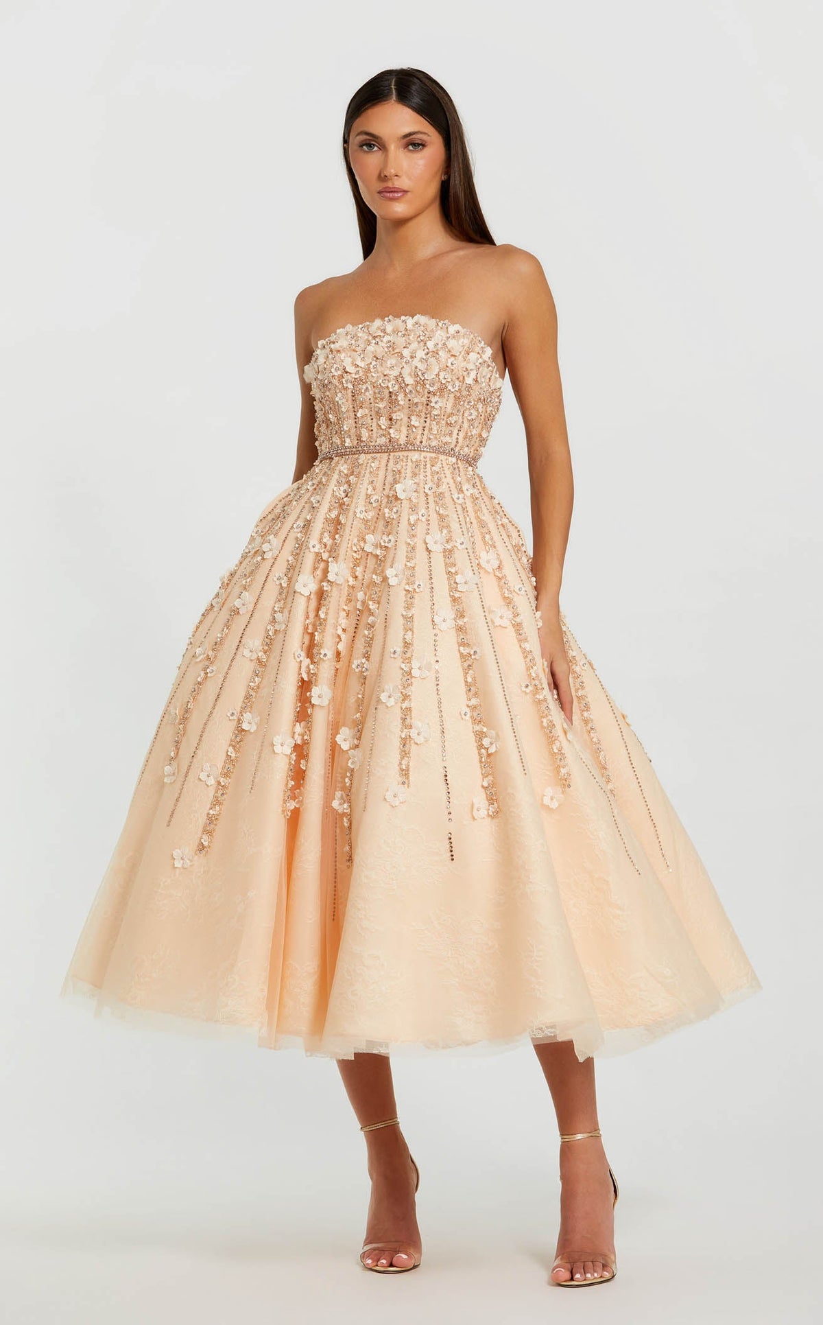 mac duggal cocktail dresses on sale Mac Duggal Wedding Guest Beige Embellished Lace Strapless A Line Midi Dress Champagne Size US 12
