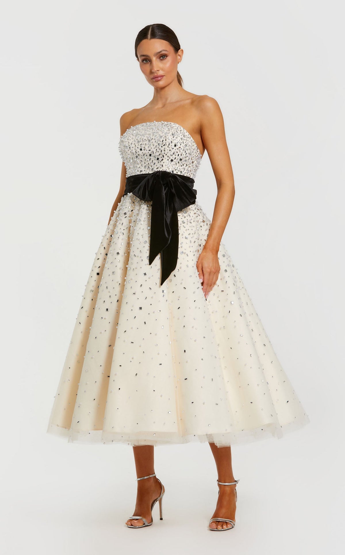 Mac Duggal - White Embellished Strapless Midi Dress with Velvet Bow - Black Cream / US 14 Mac Duggal - White Embellished Strapless Midi Dress with Velvet Bow - Black Cream / US 14