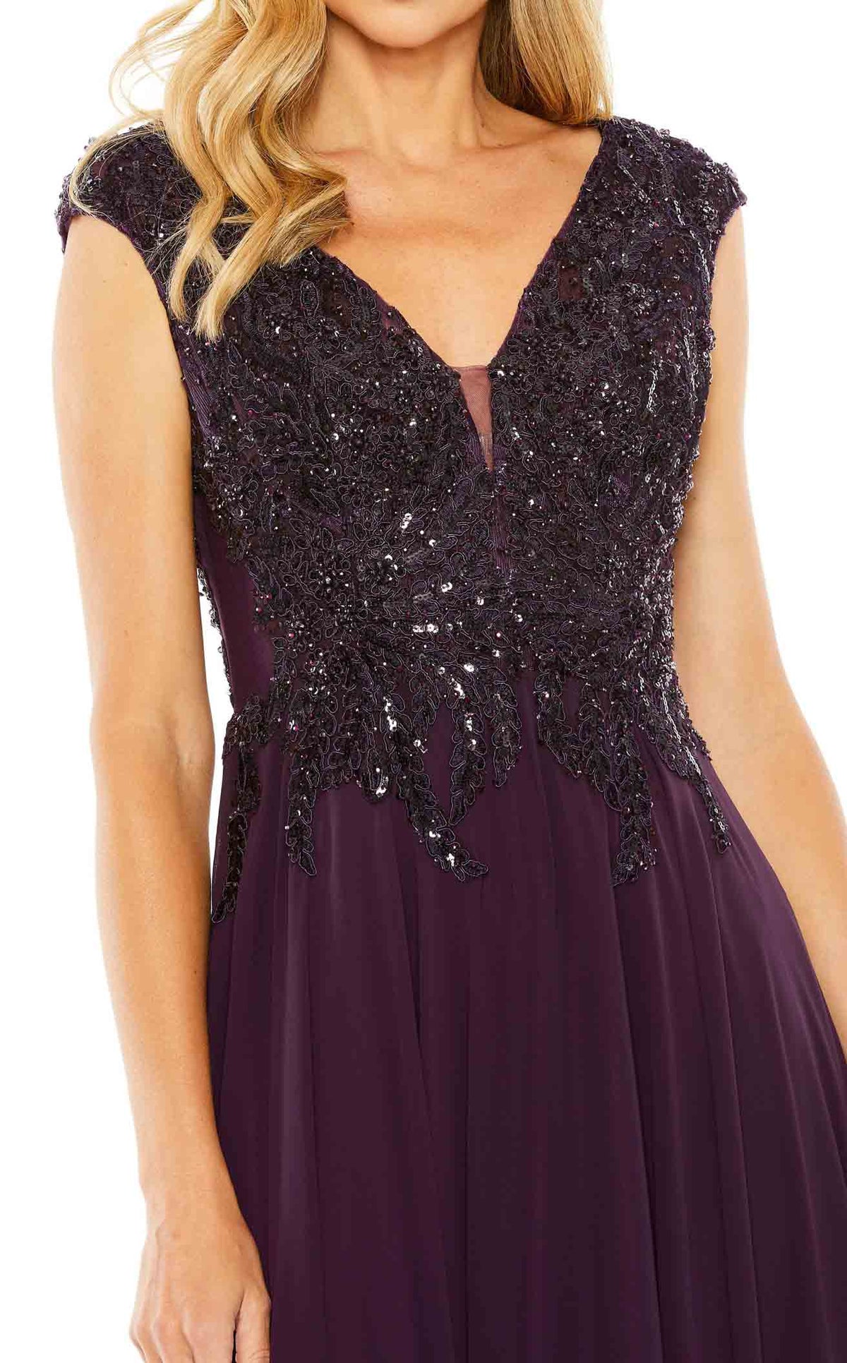 Mac Duggal - Purple Cap Sleeve Applique Bodice Flowy Gown