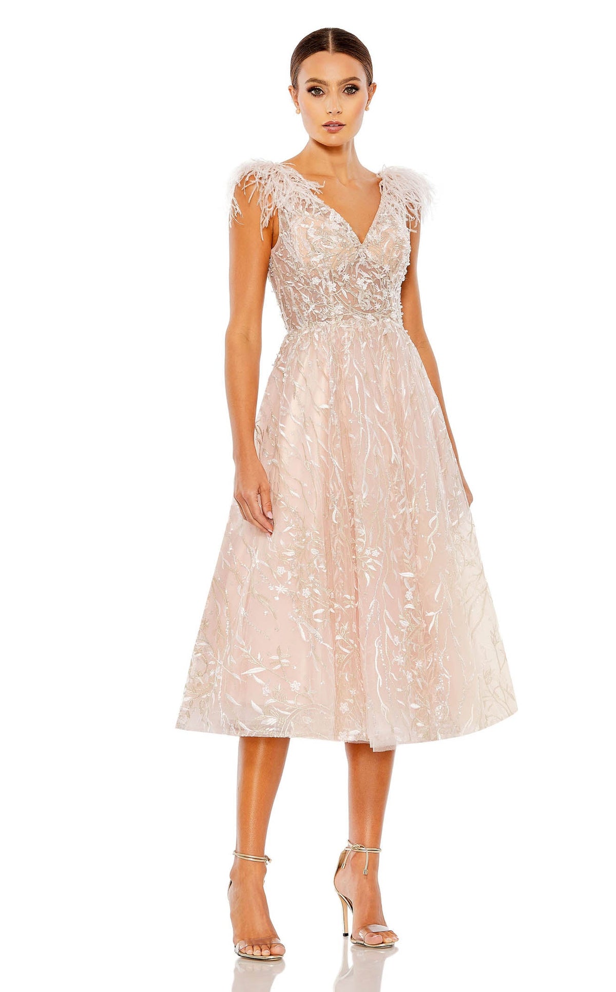 Mac Duggal Pink Embroidered Sleeveless Feather Detail Midi Dress Pink Size 14