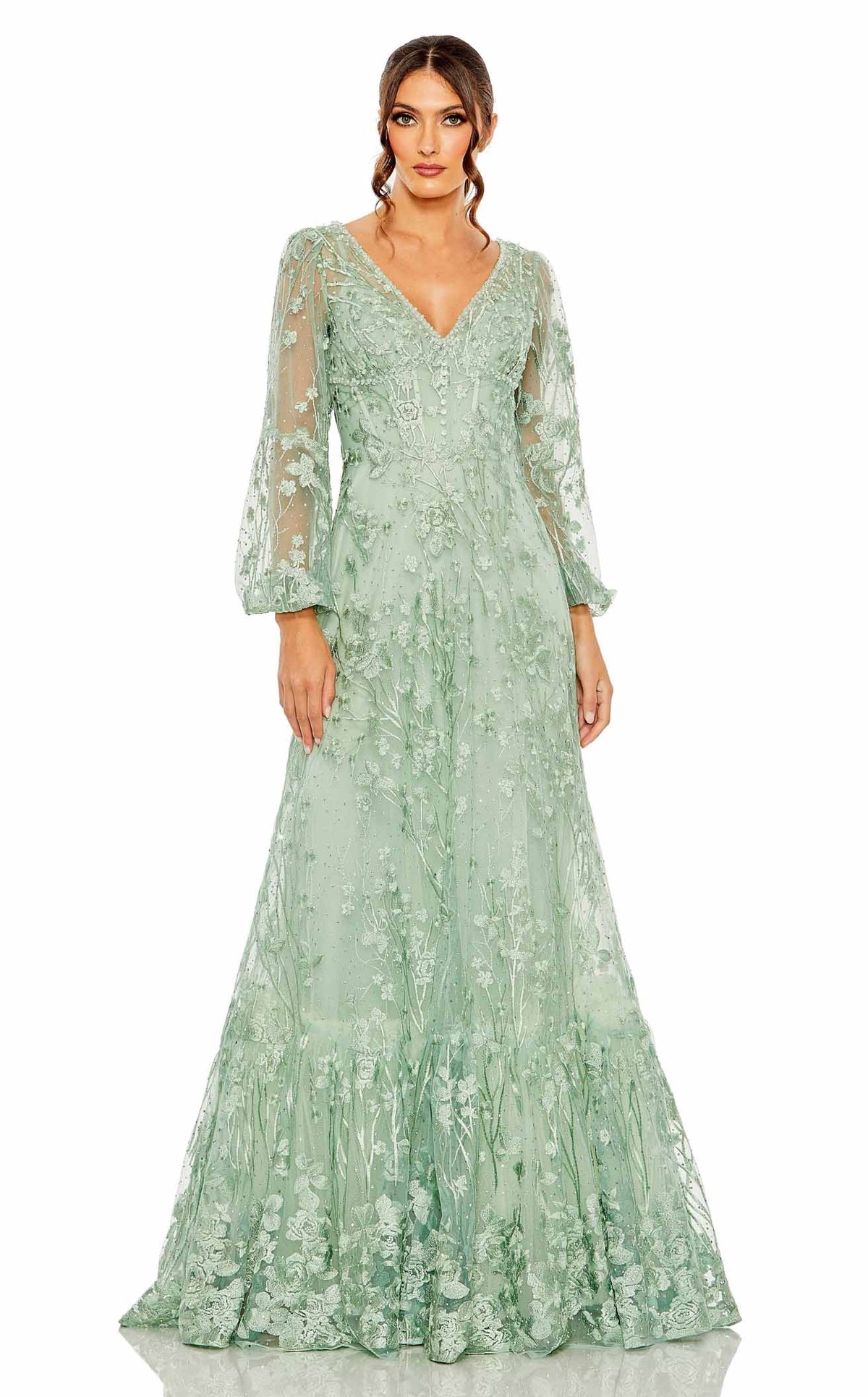 green emerald velvet dress Mac Duggal Women's High Neck Long Sleeve Crystal Detail Dress - Green - Size 8