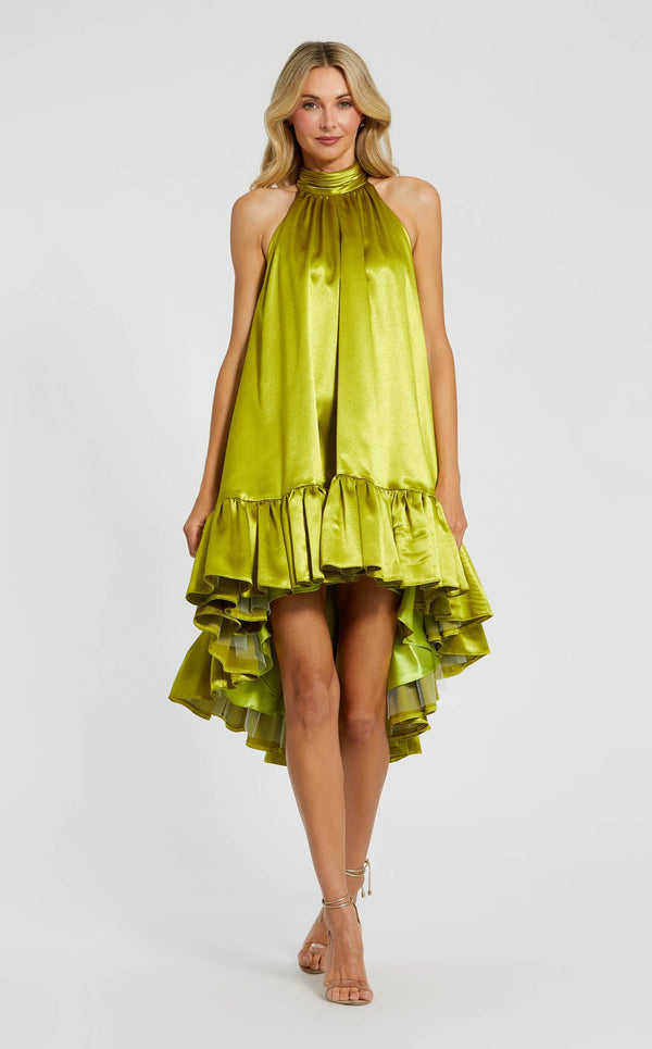 Ieena for Mac Duggal - Green High Neck Satin Mini Dress with Keyhole - S Ieena for Mac Duggal - Green High Neck Satin Mini Dress with Keyhole - S