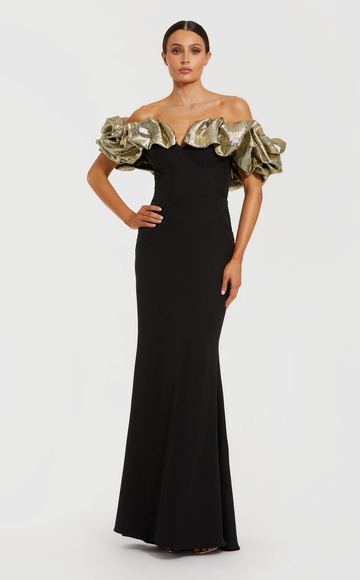 Ieena for Mac Duggal - Black Mermaid Gown With Off The Shoulder Ruffle Detail - Black Gold / US 4 Ieena for Mac Duggal - Black Mermaid Gown With Off The Shoulder Ruffle Detail - Black Gold / US 4