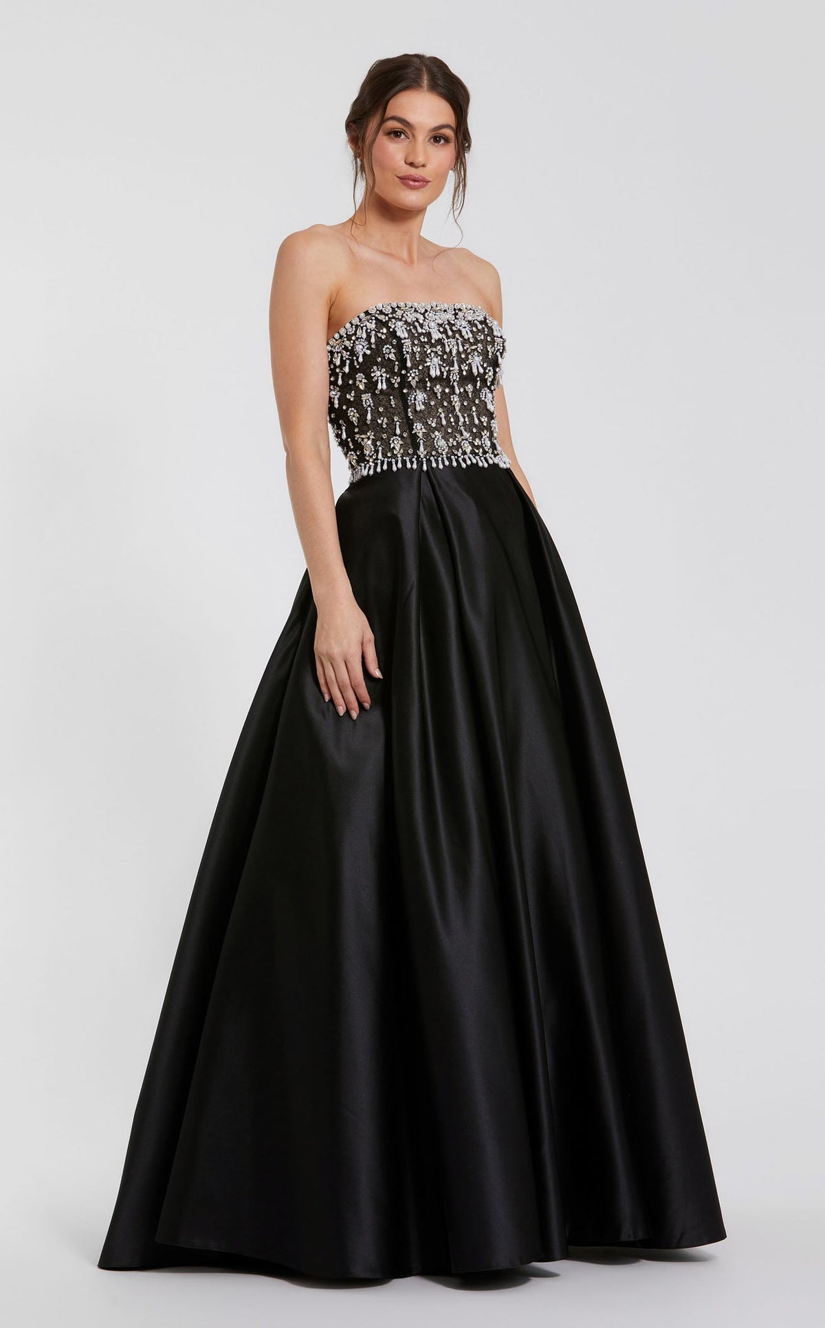 Mac Duggal Strapless Embellished Satin Gown, Womens, 12, Black Ivory