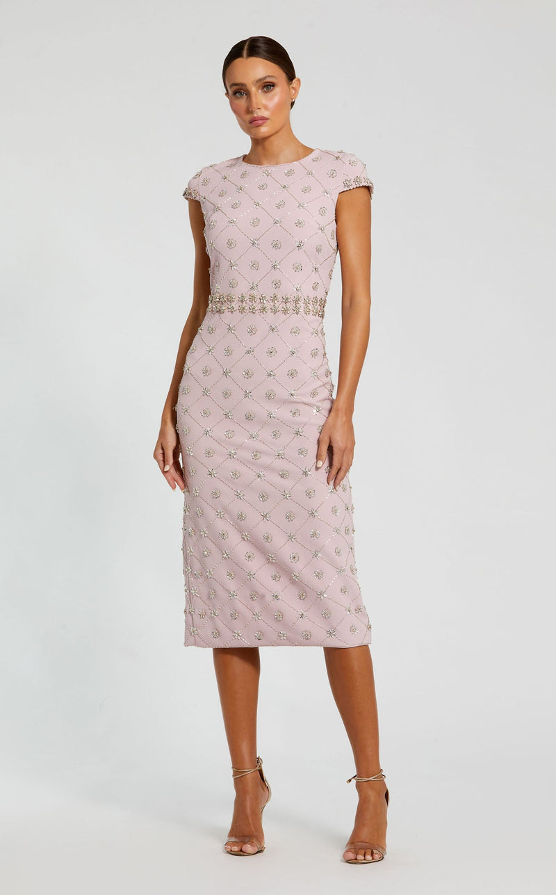Pink Hand Embellished Cap Sleeve Midi Dress | Mac Duggal Mauve / US 12 Pink Hand Embellished Cap Sleeve Midi Dress | Mac Duggal Mauve / US 12