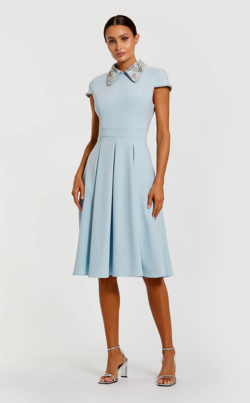 mac duggal knee length dress Blue Crepe Short Sleeve Midi With Beading elegant cocktail dresses with sleeves