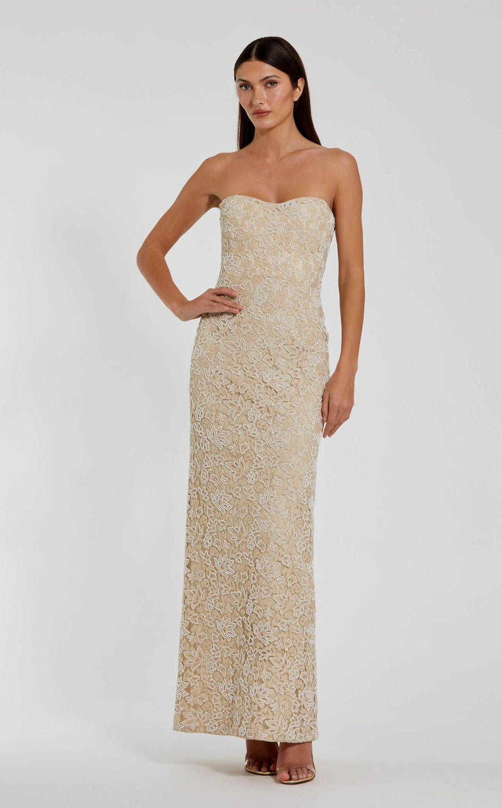 mac duggal beige dress Beige Floral Embellished Kaftan Gown