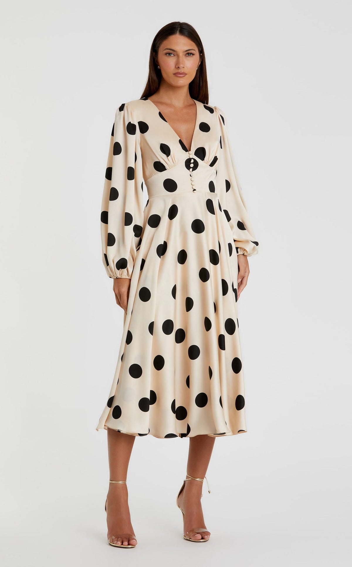 mac duggal white midi dress Beige Polka Dot Charmeuse Long Sleeve V Neck Midi Dress