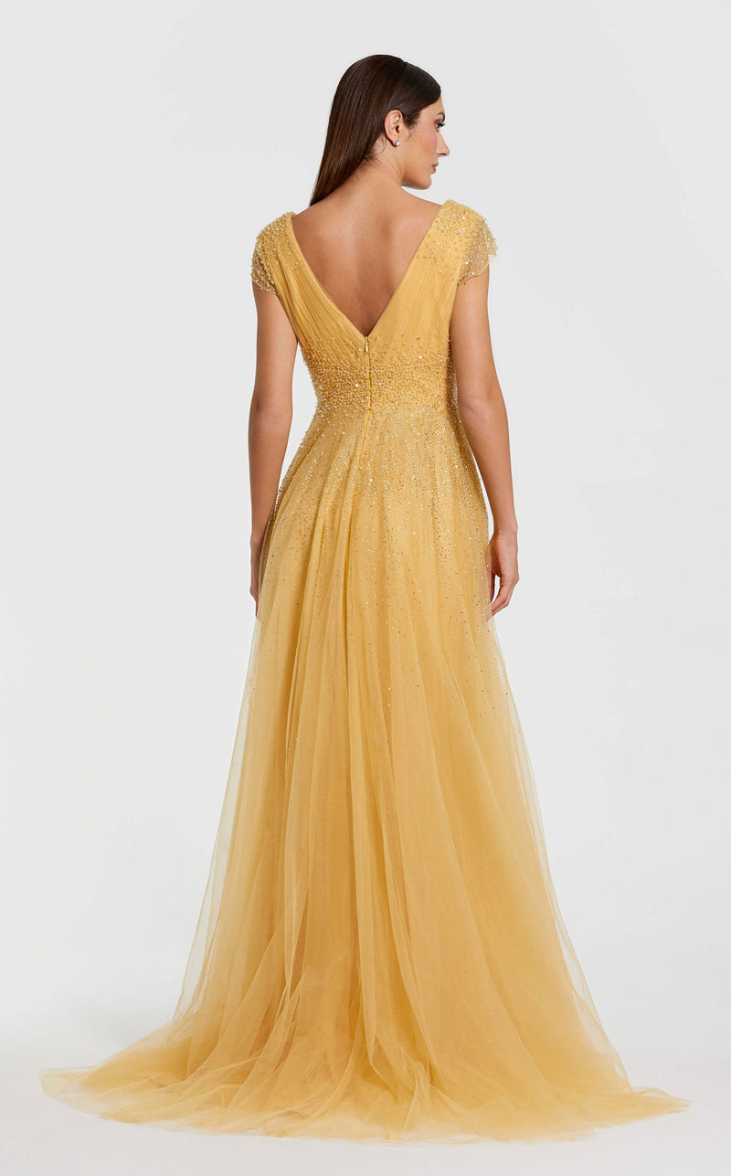 Mac Duggal - Yellow Embellished Cap Sleeve V Neck Tulle Gown - US 16 Mac Duggal - Yellow Embellished Cap Sleeve V Neck Tulle Gown - US 16