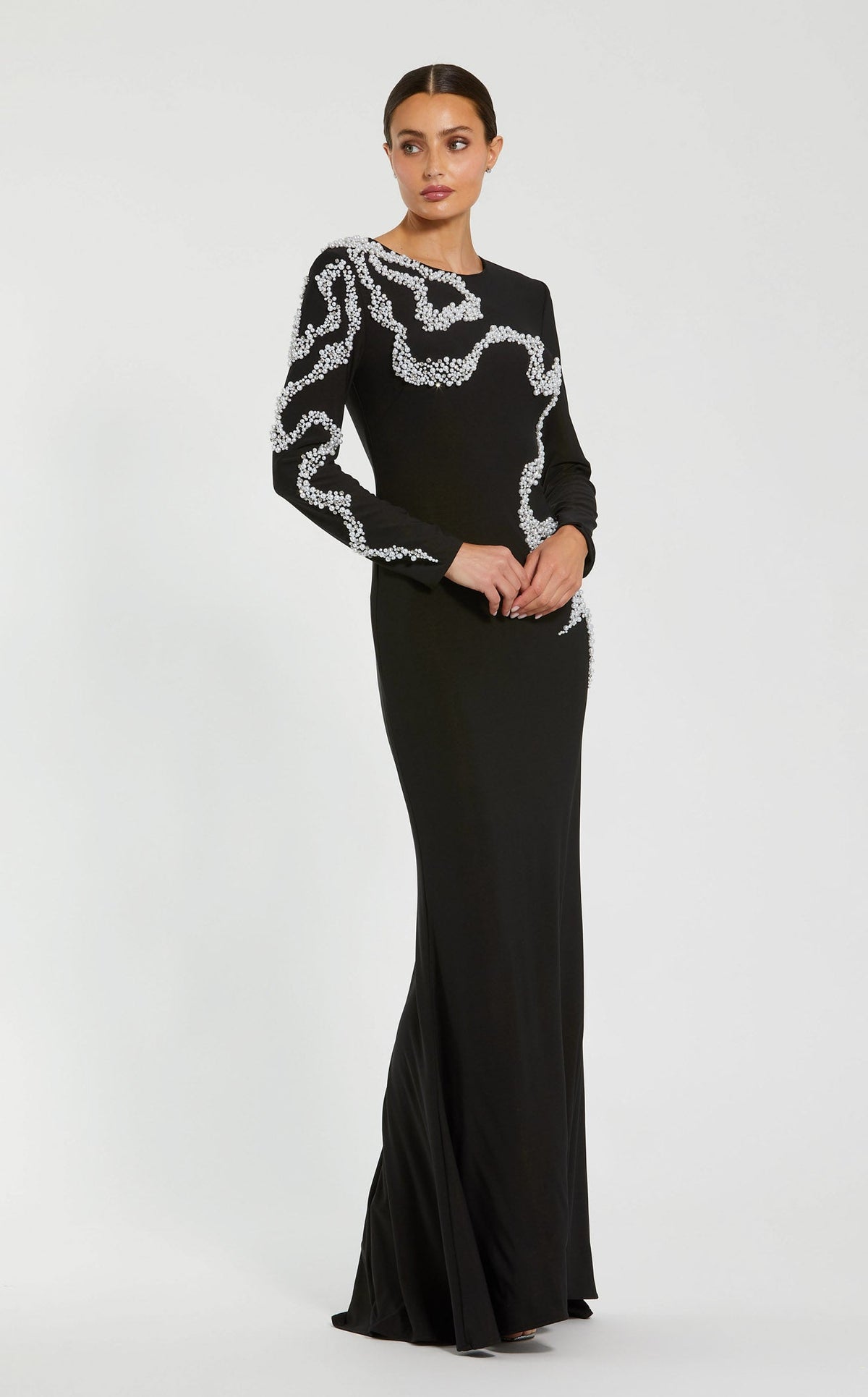 mac duggal dresses black Women's Beaded Column Gown - Product Size:6XL Lands' End Women's Starfish shibon layered dress Model is wearing the