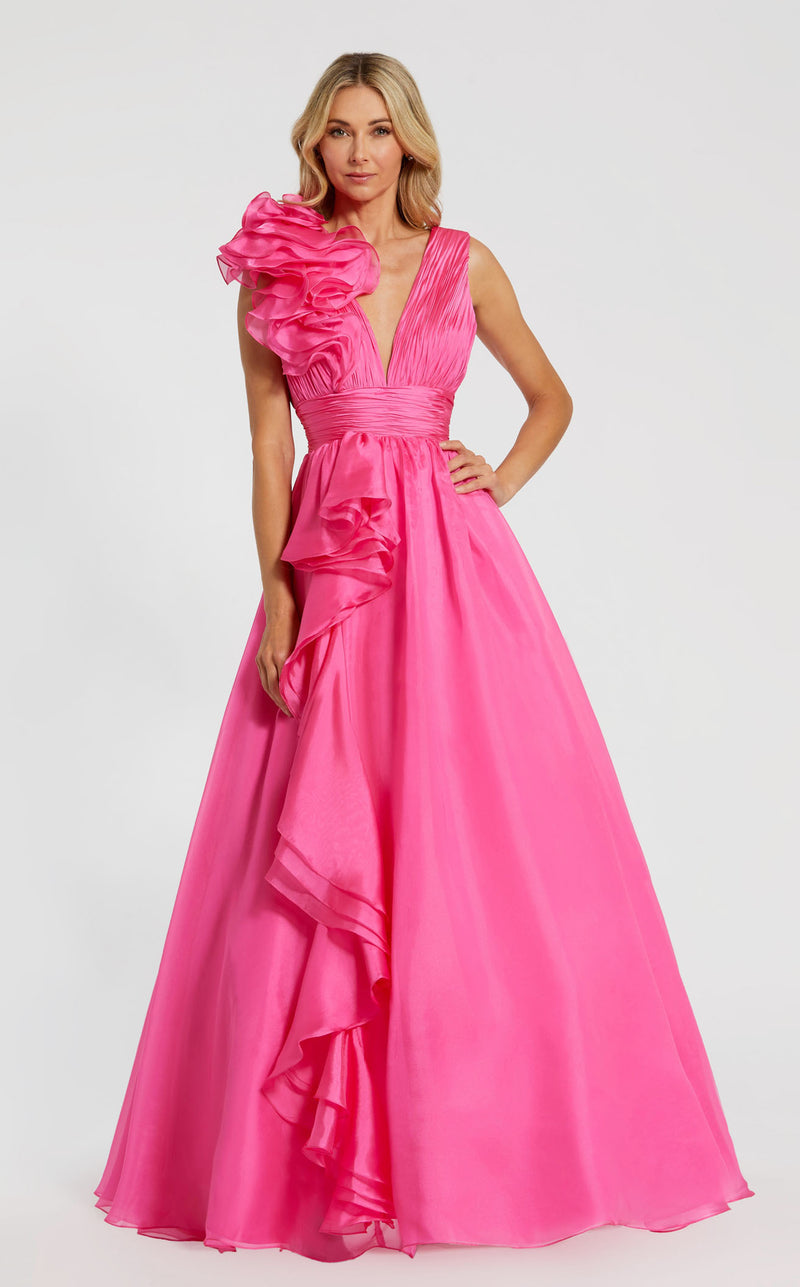 Mac Duggal - Pink Ruffle Shoulder V-Neck Chiffon Gown - US 14 Mac Duggal - Pink Ruffle Shoulder V-Neck Chiffon Gown - US 14