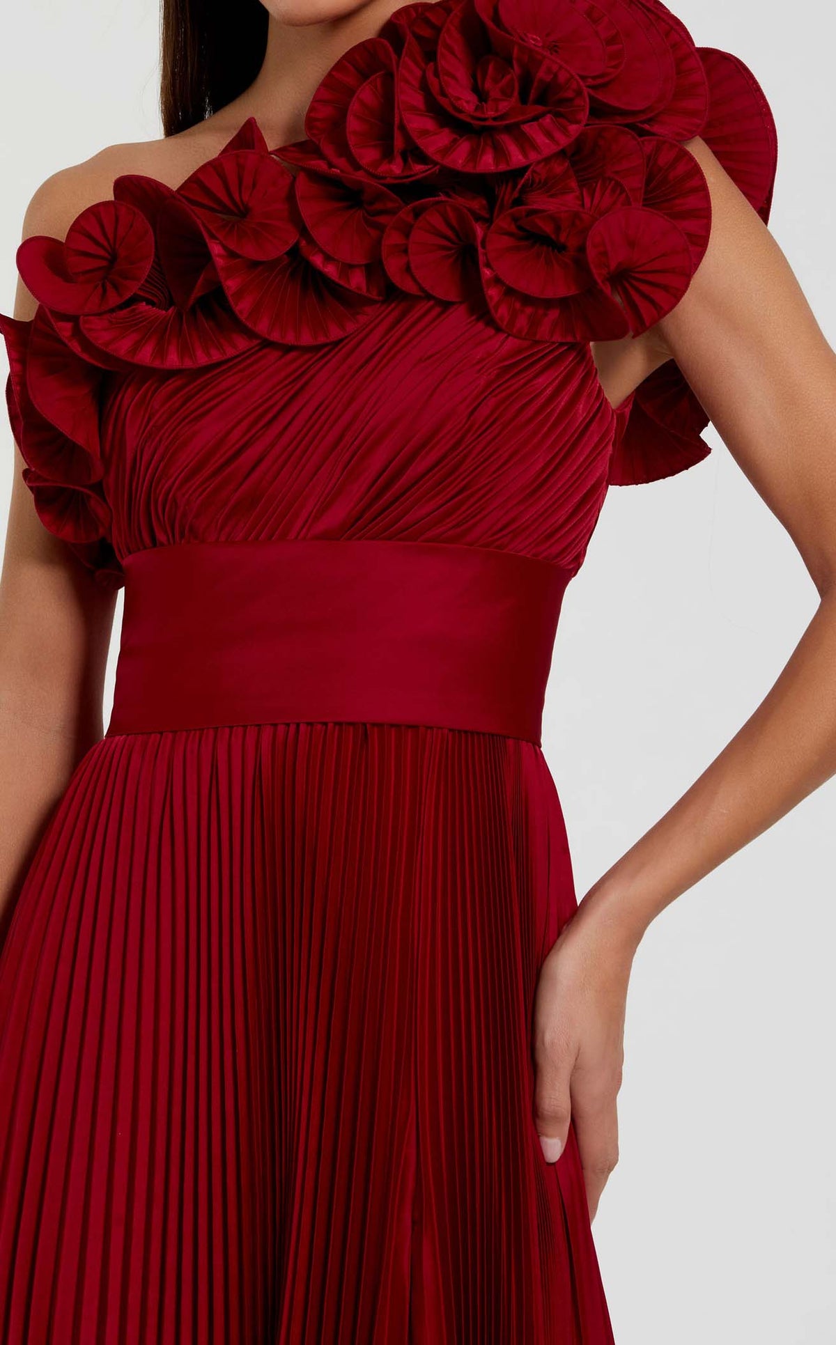 open lace back dress Mac Duggal Women's Pleated Charmeuse One Shoulder Ruffle Gown - Red